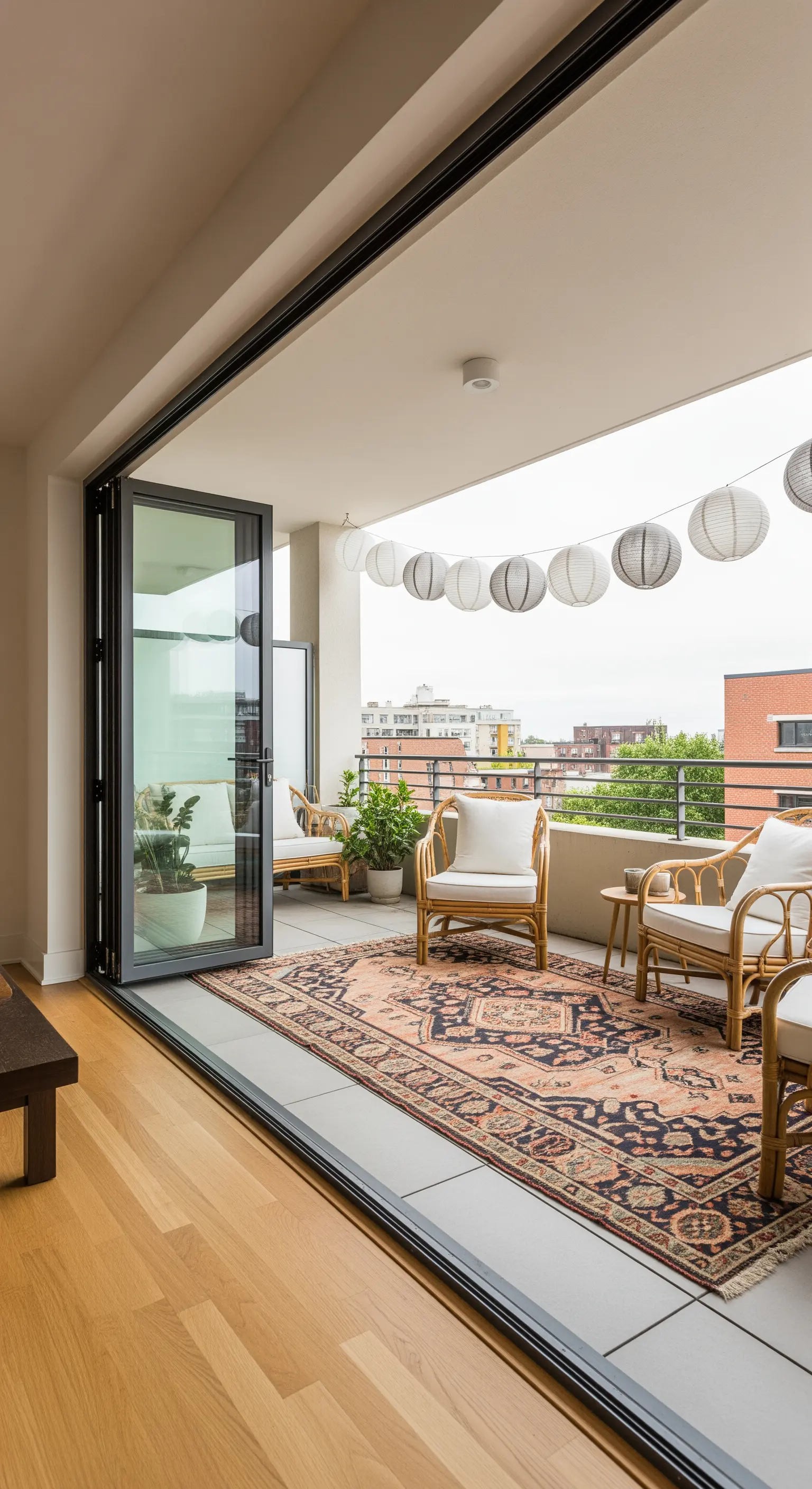 Balcone visto dal soggiorno, con tappeto kilim, sedie in rattan e lanterne di carta.