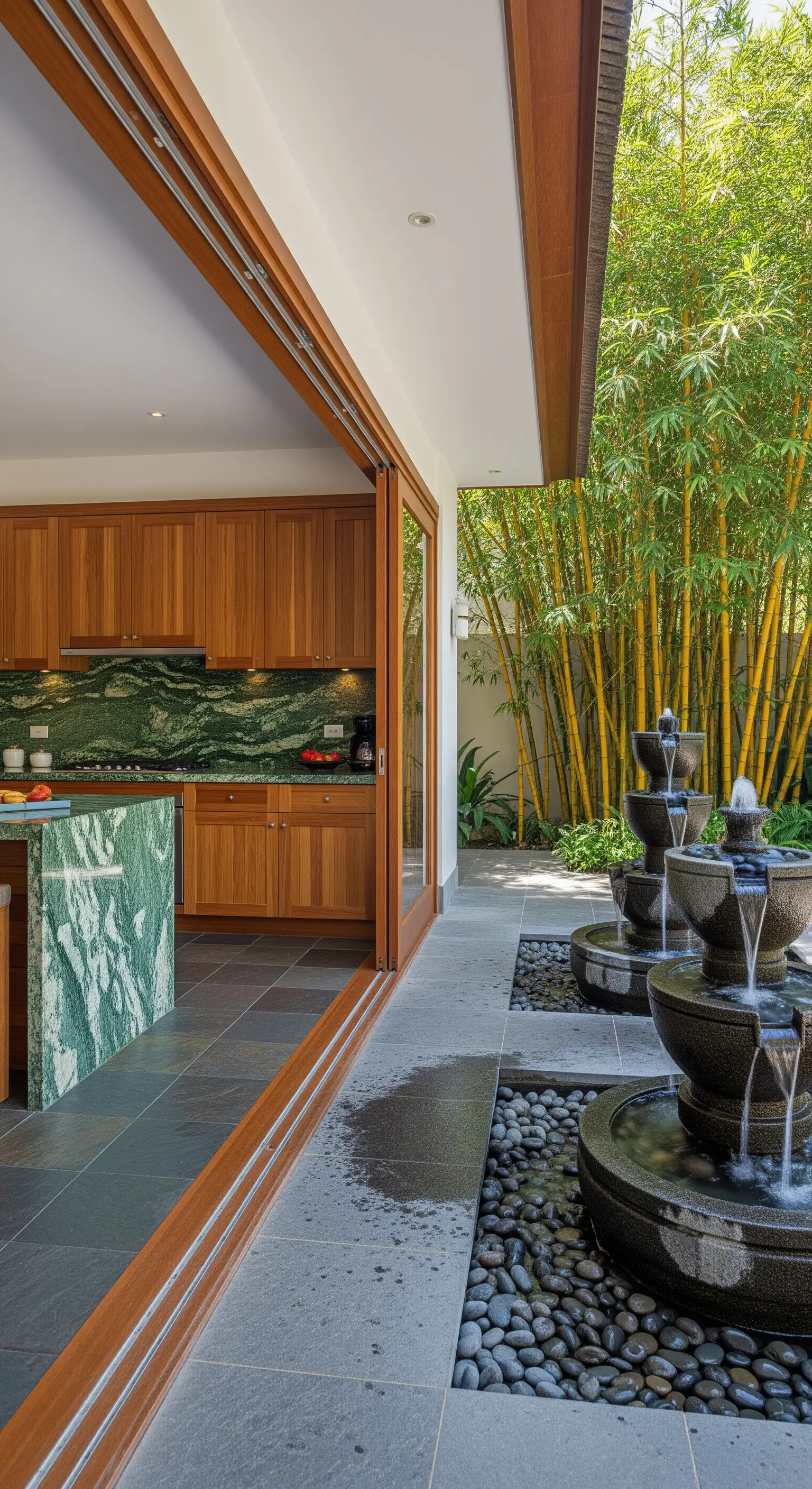 Cucina con parete vetrata aperta su un patio con fontane e piante di bambù.