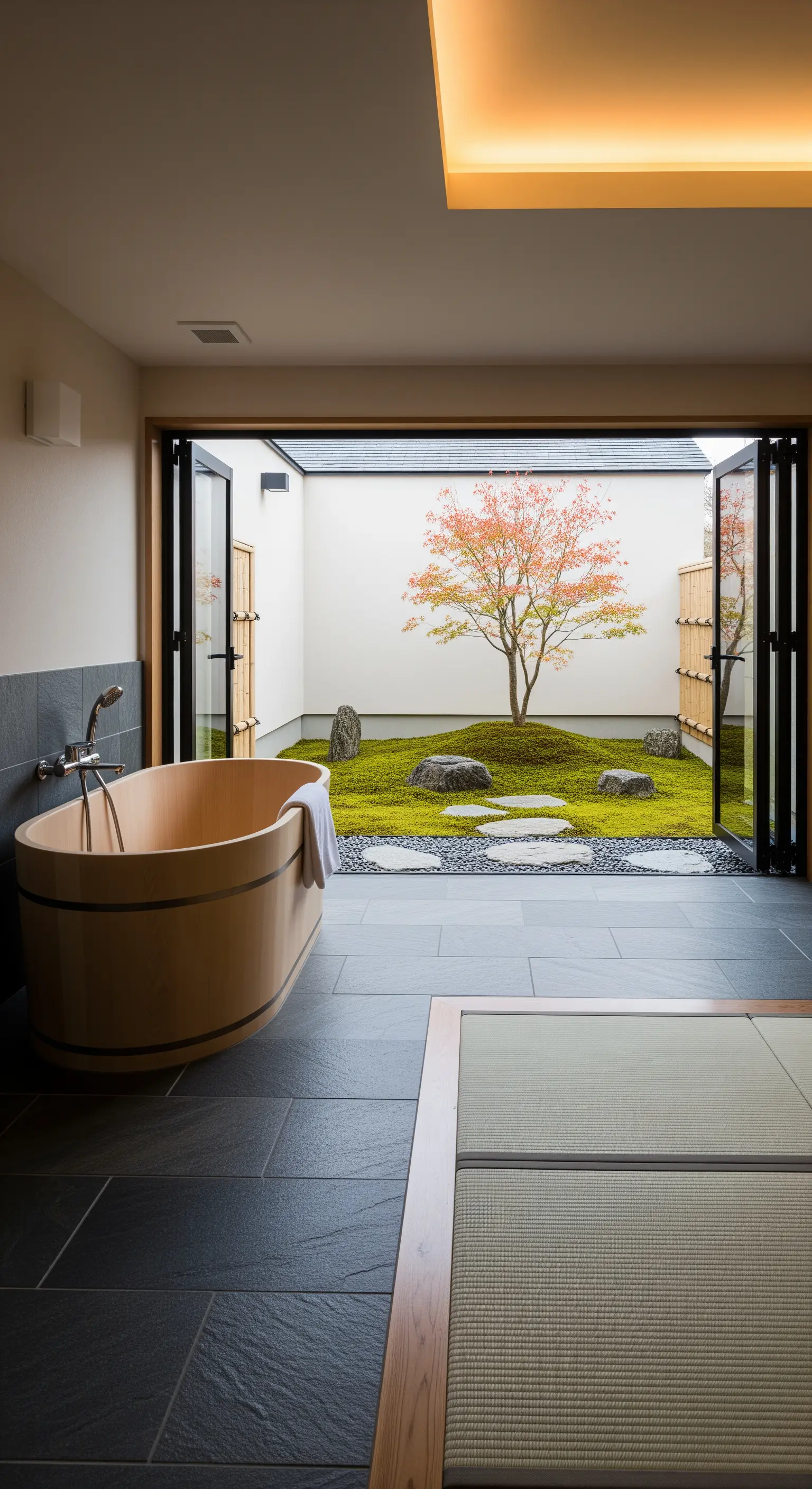 Bagno con vasca in legno e porte a libro aperte su un giardino zen privato.