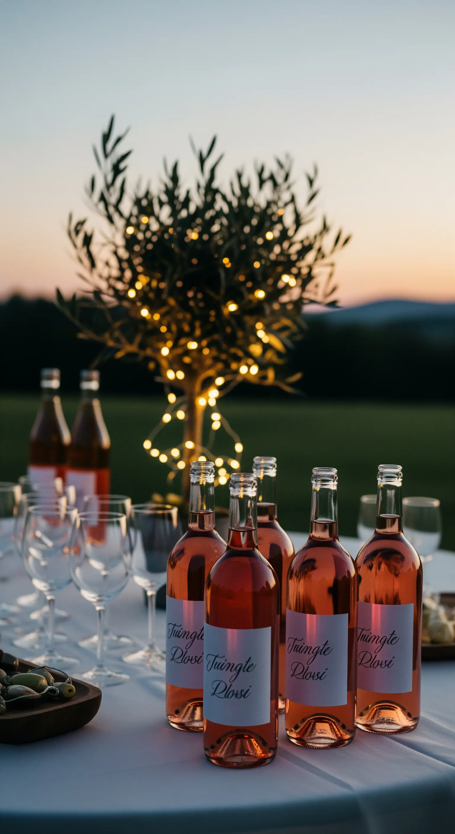 Bottiglie di vino rosé su una tavola al tramonto, con un albero di ulivo decorato con luci a LED.
