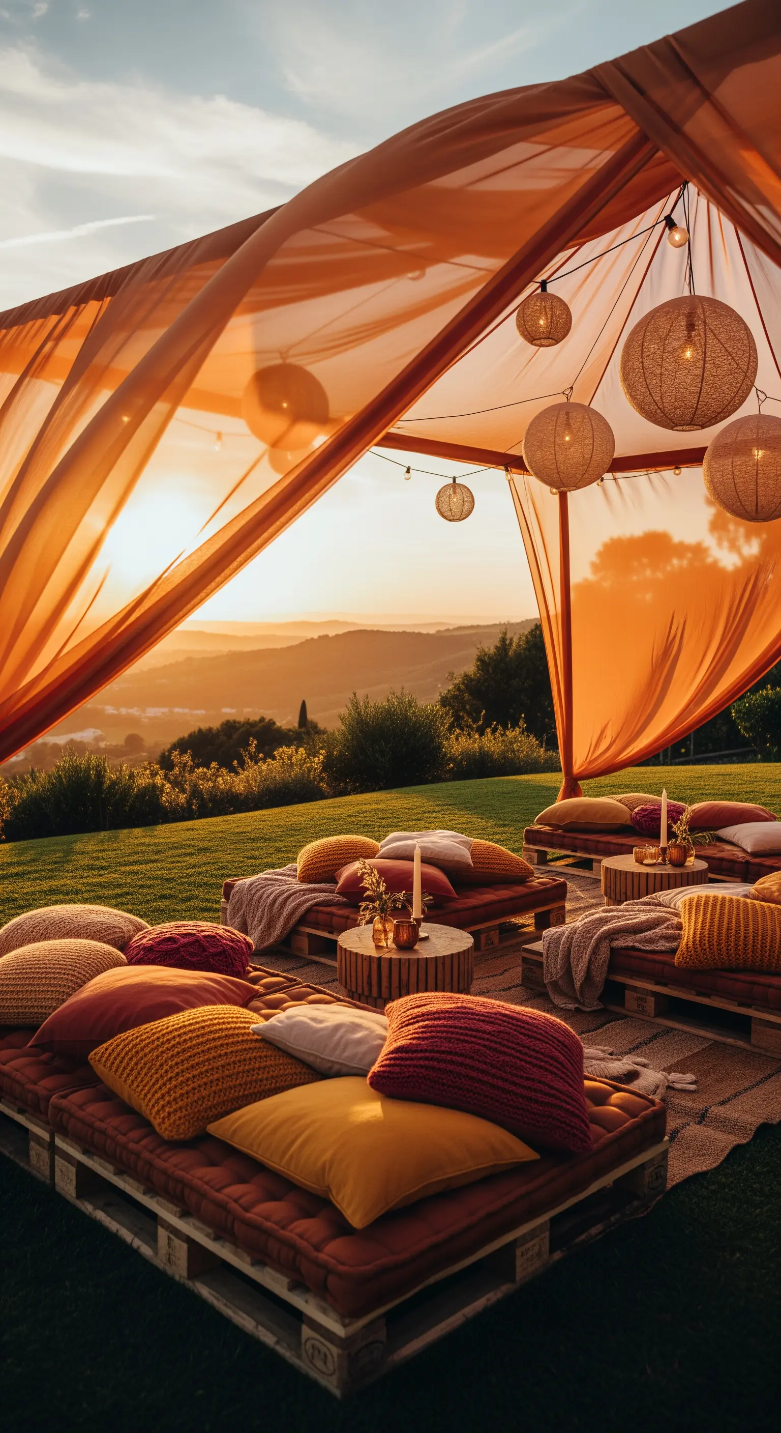 Lounge all'aperto con teli arancioni, cuscini caldi e lanterne, affacciato su un paesaggio collinare.