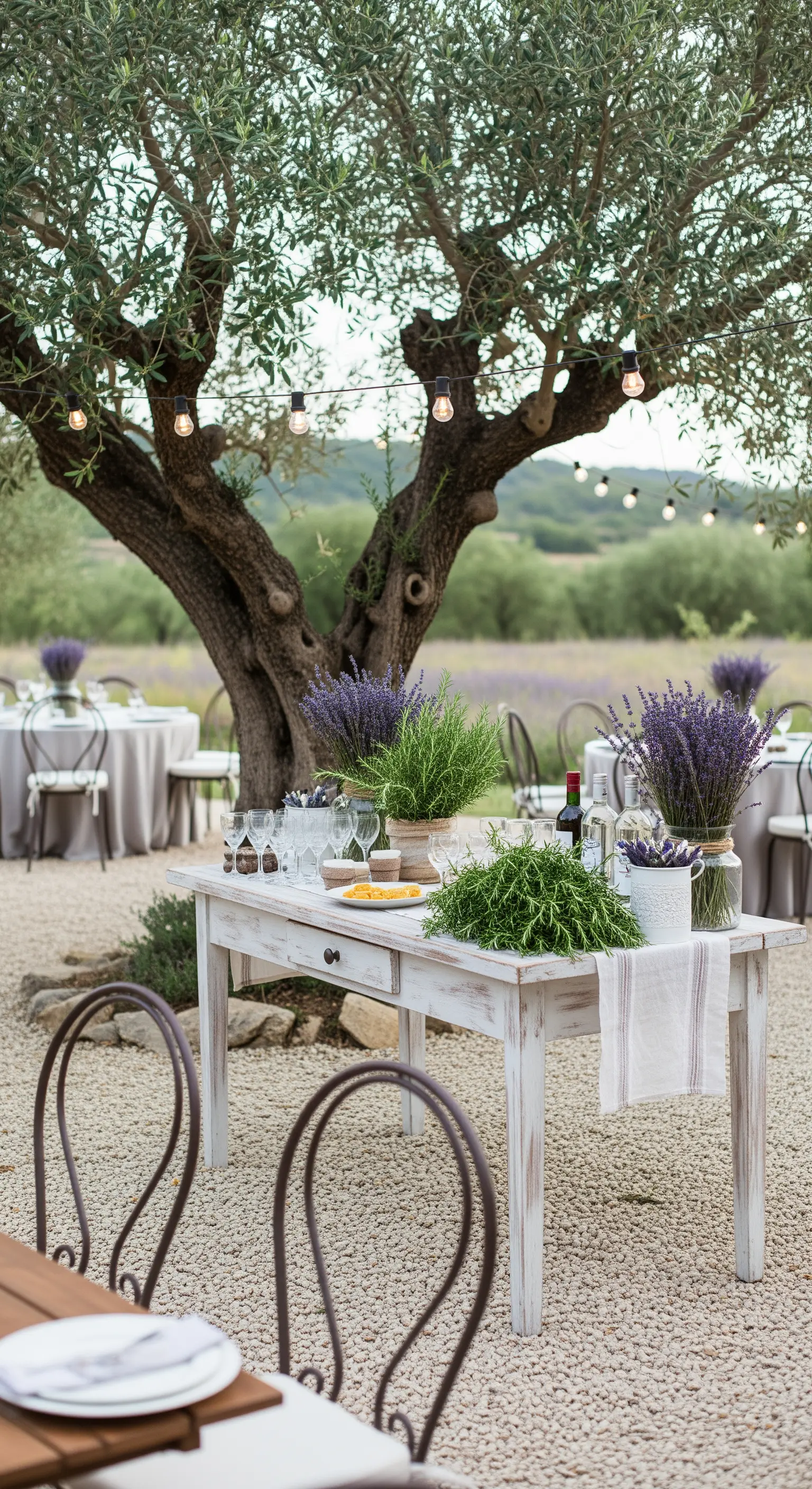 Tavolo da aperitivo in stile provenzale sotto un ulivo, con lavanda e erbe aromatiche.