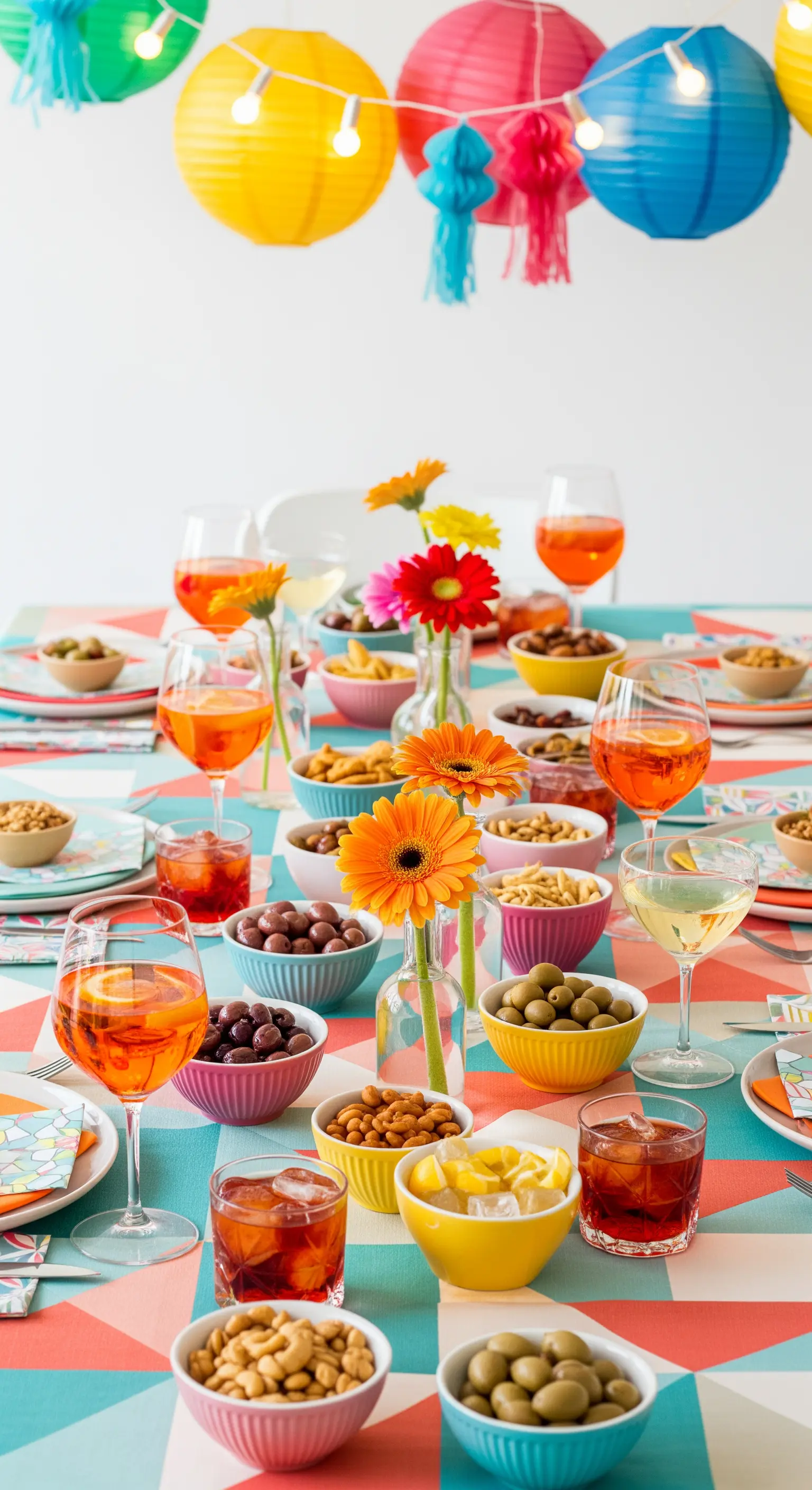 Tavola per aperitivo con ciotole colorate, cocktail e lanterne di carta cinesi.