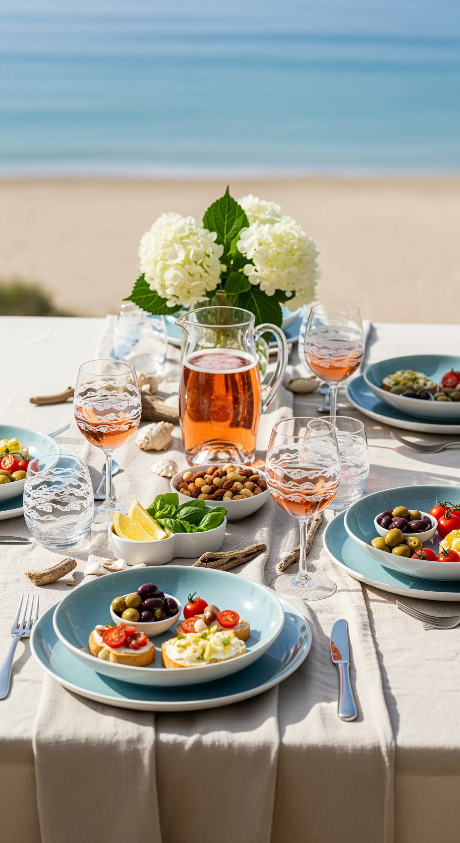 Tavola per aperitivo sulla spiaggia con tovaglia di lino, piatti azzurri e calici di vino rosato