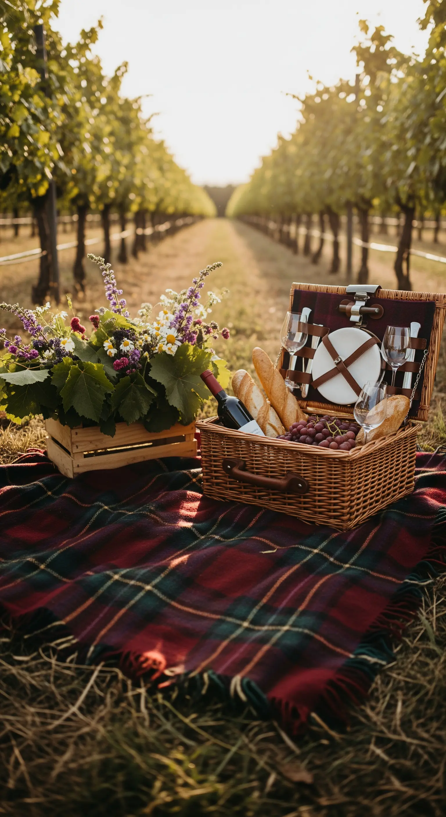 Picnic in una vigna con coperta scozzese, cestino di vimini e cassetta di legno