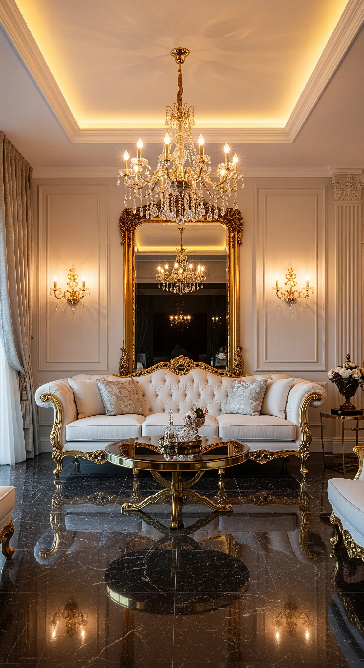 Salone di lusso con pavimento in marmo nero, divano classico bianco e oro e un enorme specchio barocco