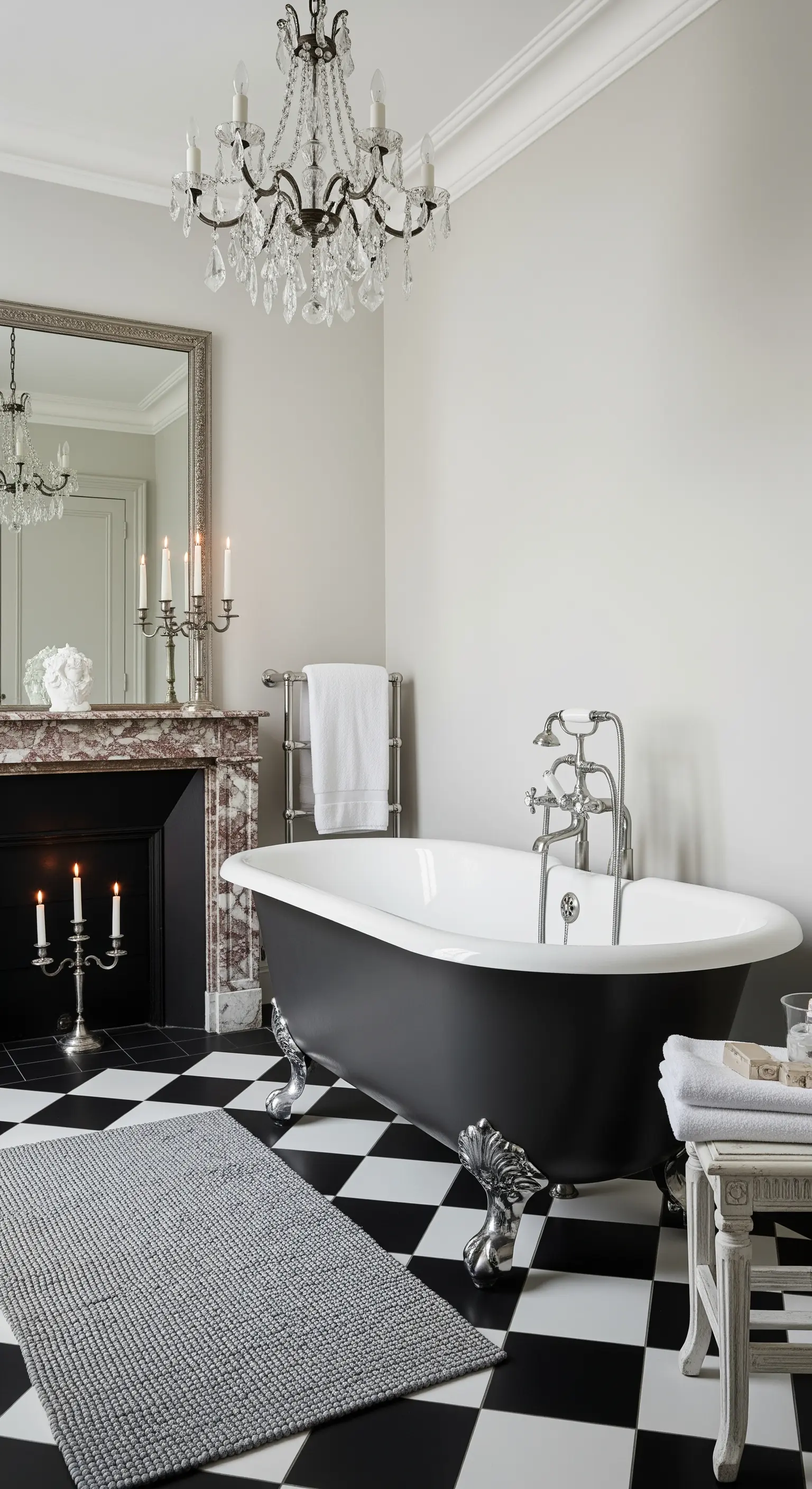 Bagno elegante con pavimento a scacchi, vasca con piedini, camino e lampadario.