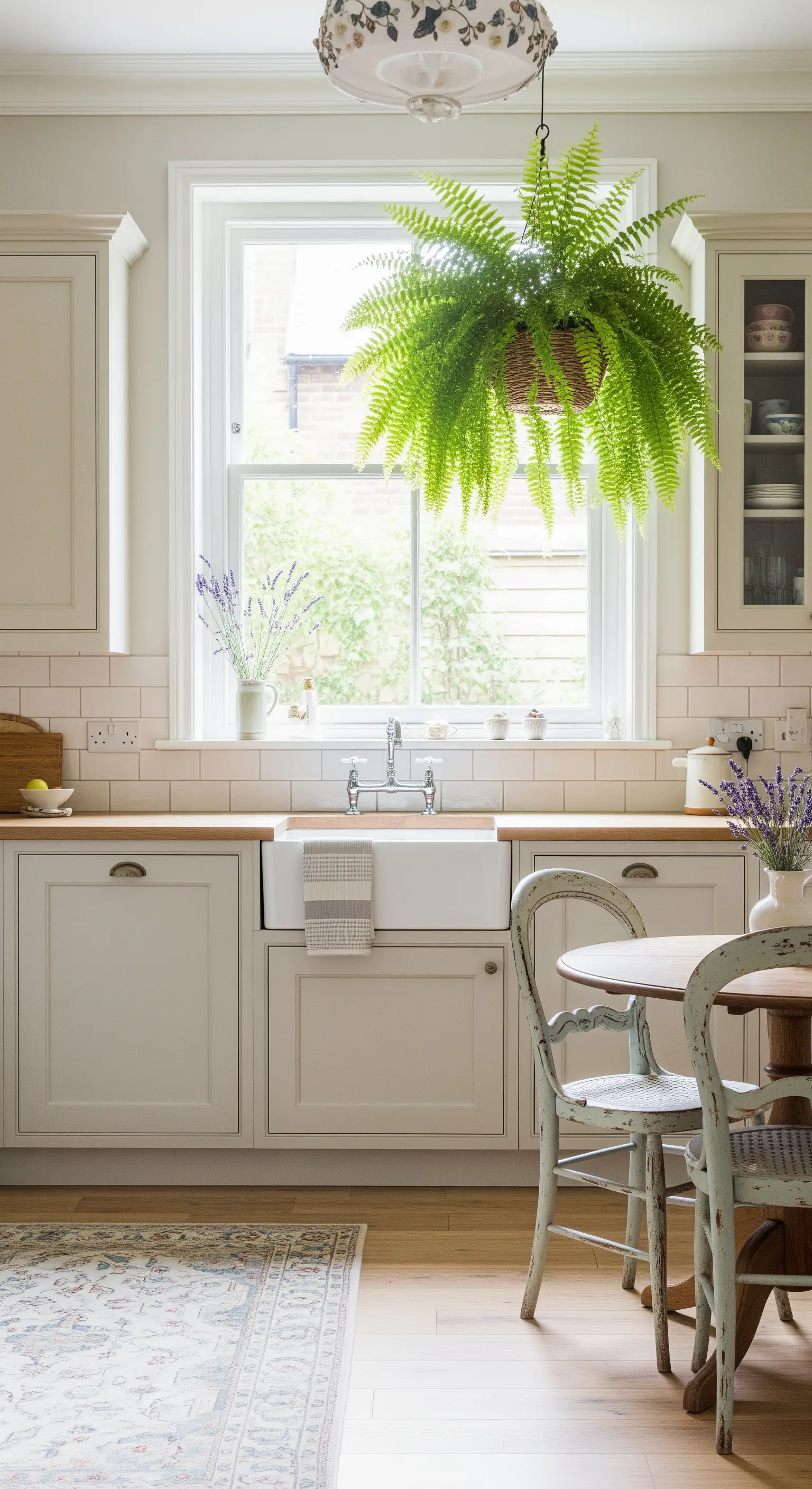 Felce rigogliosa appesa davanti alla finestra di una cucina in stile cottage.