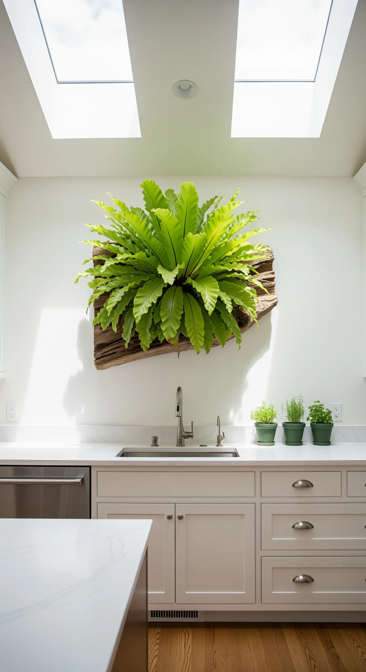 Felce a nido d'uccello montata su legno e appesa come un quadro sopra il lavello.