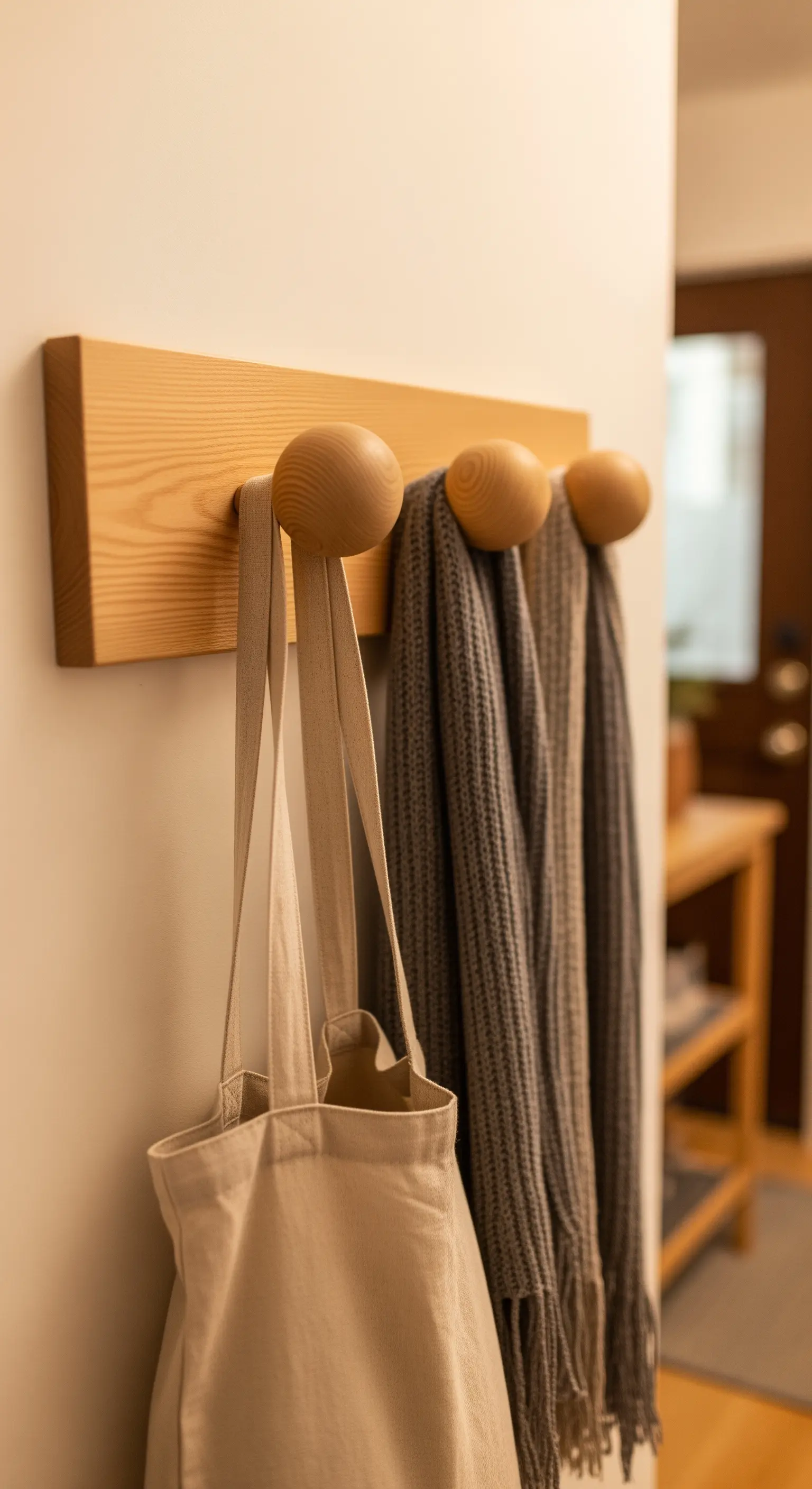 Appendiabiti da parete in legno chiaro con tre grandi perline sferiche usate come ganci.