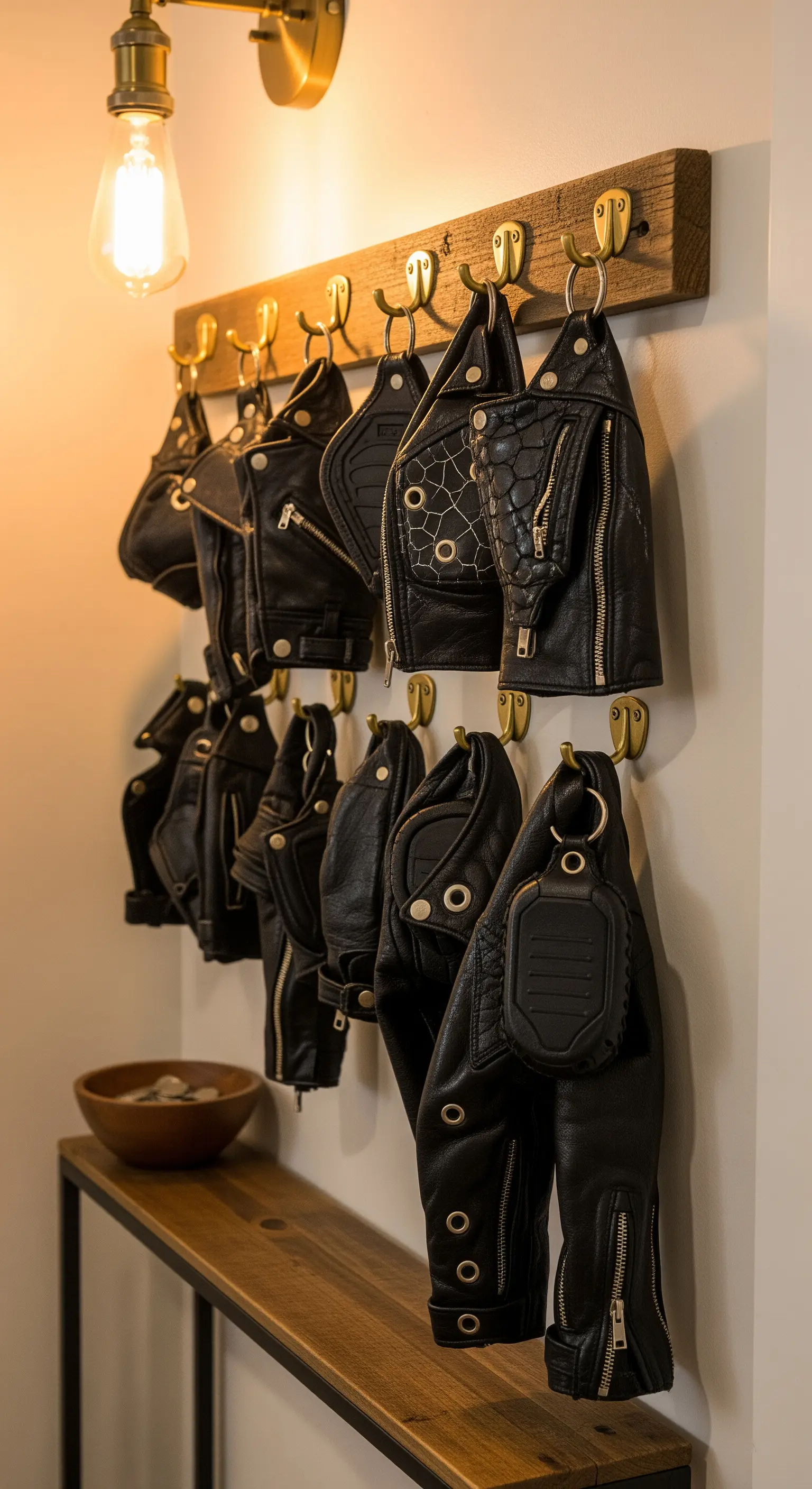 Ganci da parete con appese piccole borse e portachiavi ricavati da una giacca di pelle nera.