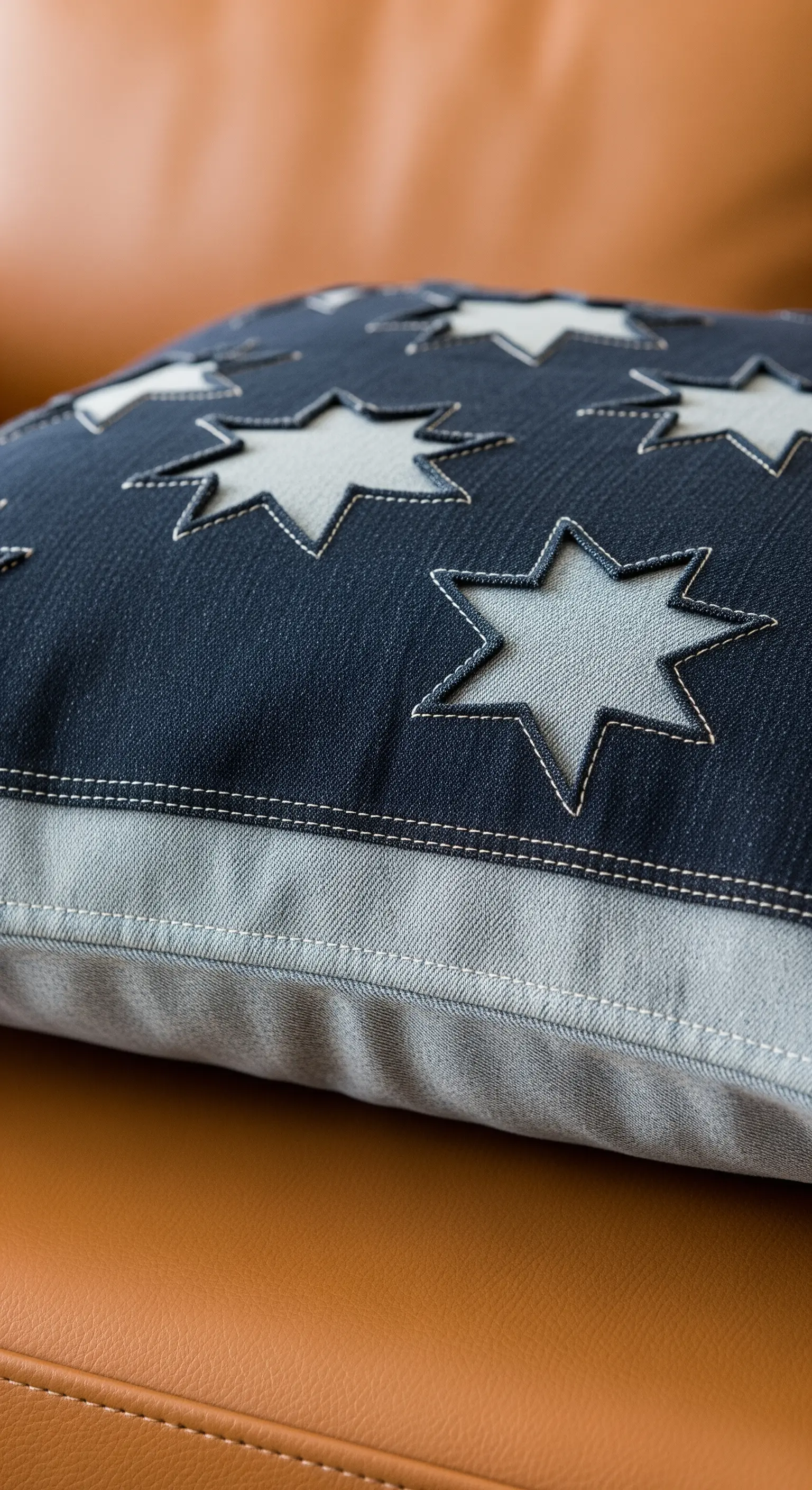 Dettaglio di un cuscino in denim scuro con stelle in denim chiaro create con la tecnica dell'appliqué inverso.