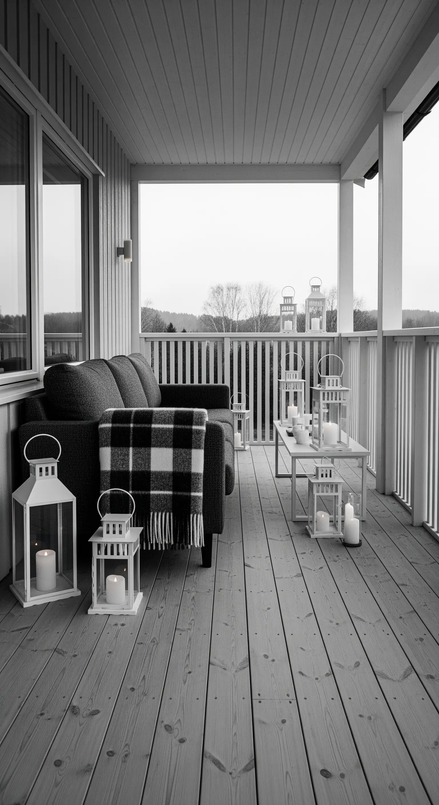 Veranda in bianco e nero con divano, plaid a quadri e una composizione di lanterne