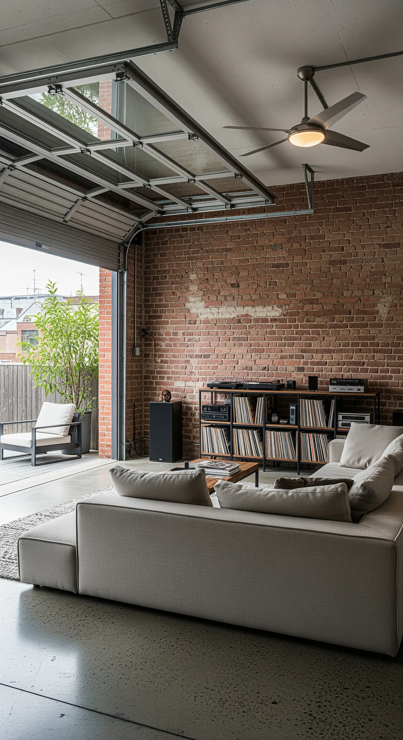 Salotto con parete di mattoni e una porta da garage vetrata che si apre su un patio.