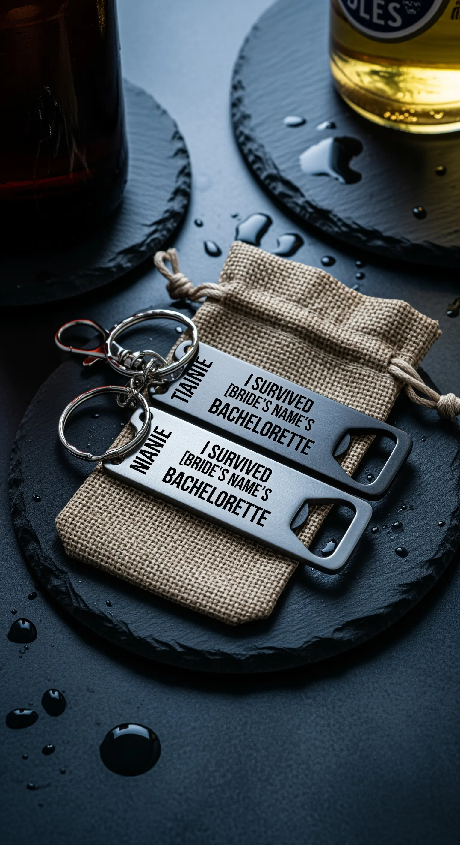 Apribottiglie personalizzati in metallo con frase divertente per addio al nubilato.