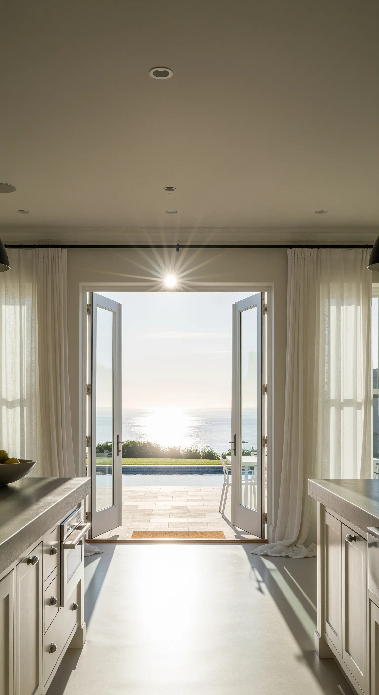 Cucina con porte finestre aperte su una terrazza vista oceano.