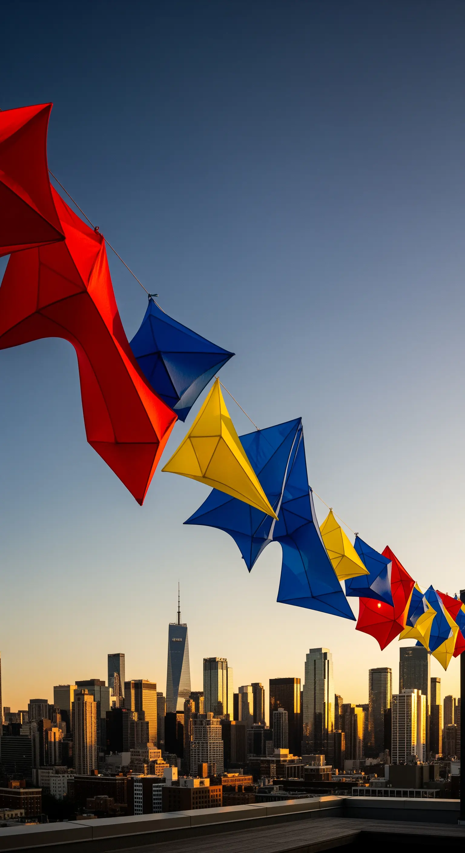 Ghirlanda di lanterne geometriche rosse, blu e gialle che fluttuano sopra lo skyline di una città.