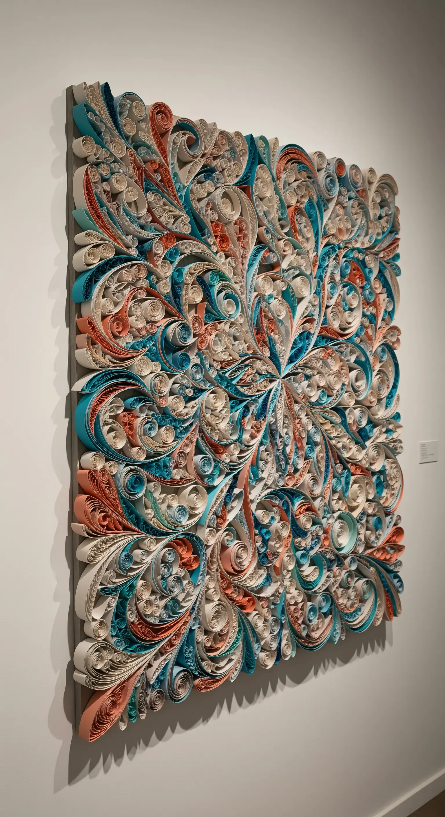 Grande pannello decorativo quadrato realizzato con la tecnica del quilling in tonalità corallo e turchese.