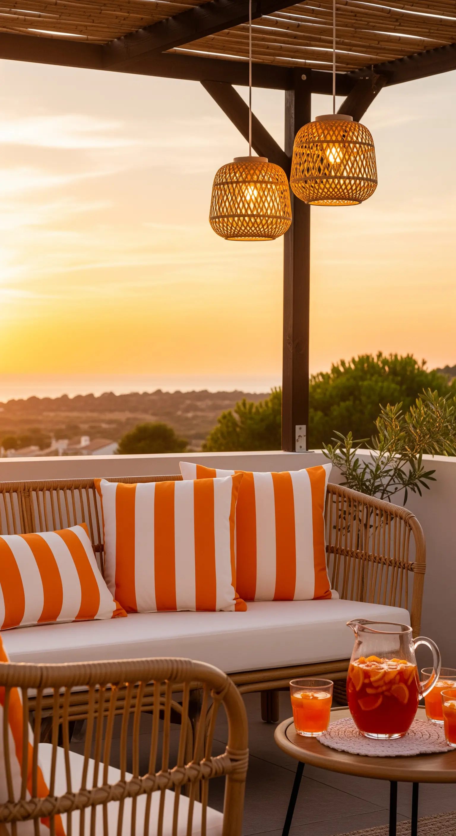 Divanetto in bambù su una terrazza al tramonto, con cuscini a righe arancioni e lampade in rattan.