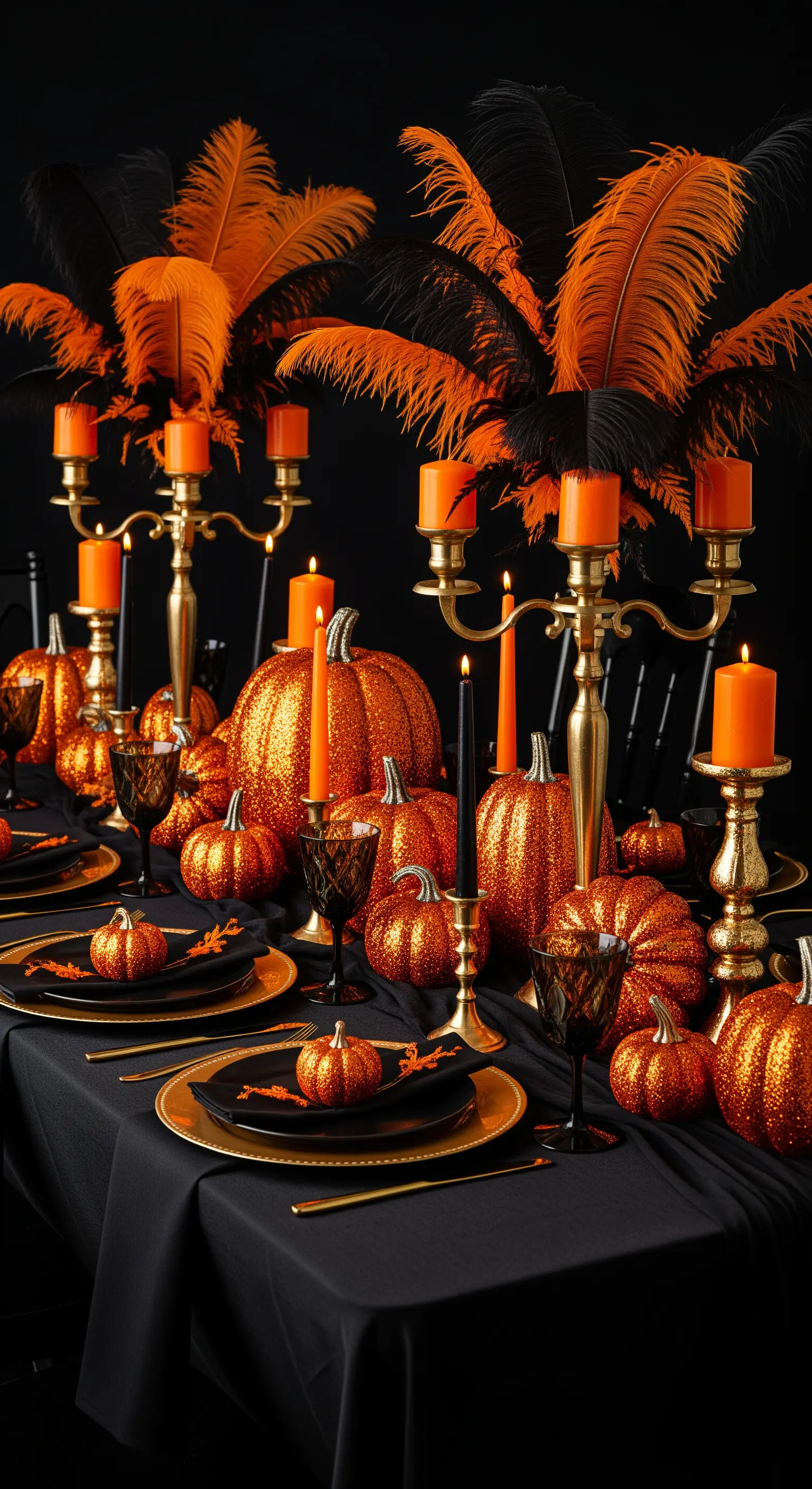 Tavola arancione e nera con zucche glitter, piume e candelabri.