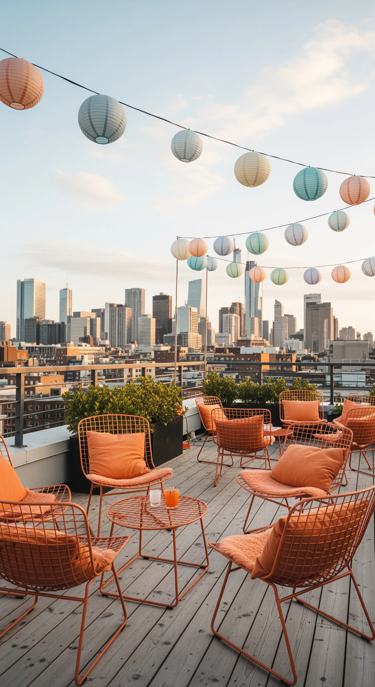 Rooftop con sedie in metallo arancione e lanterne di carta colorate al tramonto.