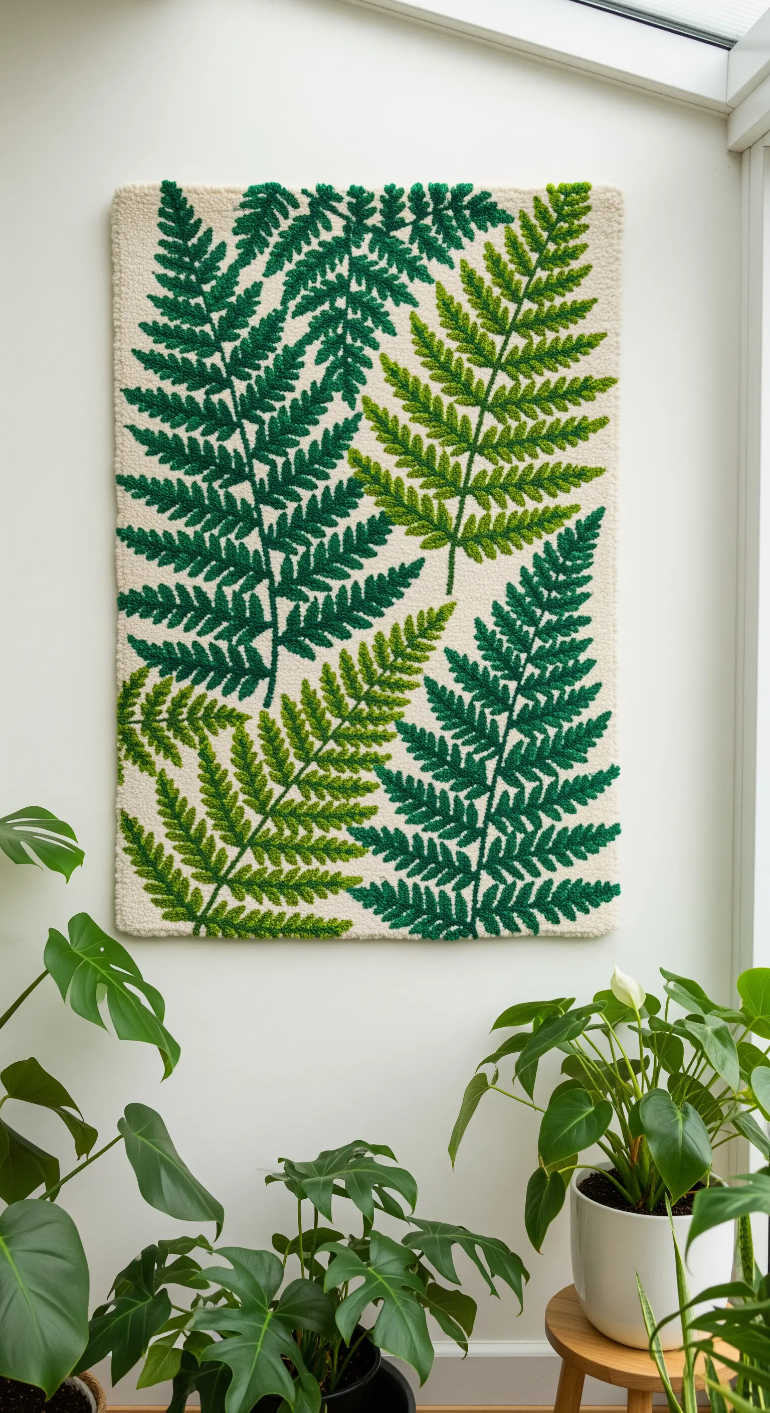 Arazzo rettangolare con foglie di felce verdi, appeso in una stanza con piante vere.