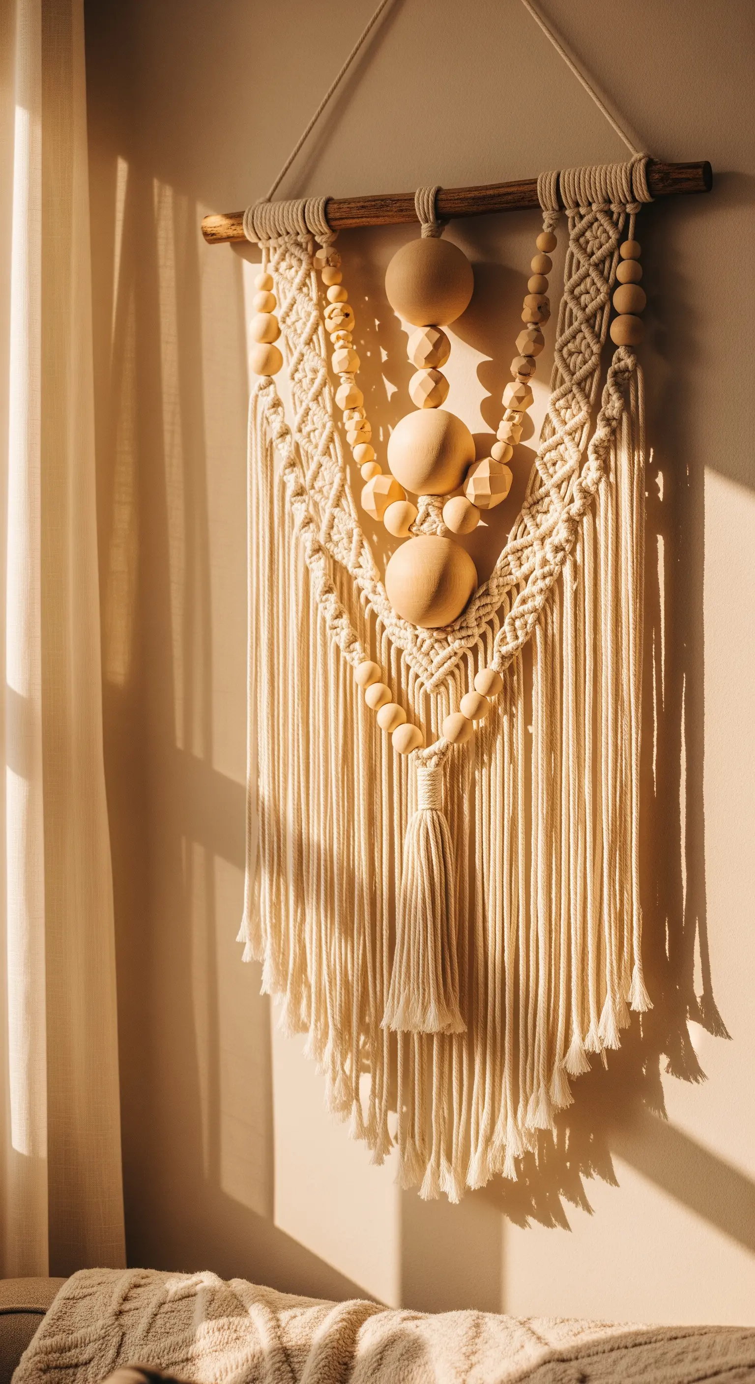 Arazzo in macramè con grandi perline di legno appeso a una parete illuminata dal sole.