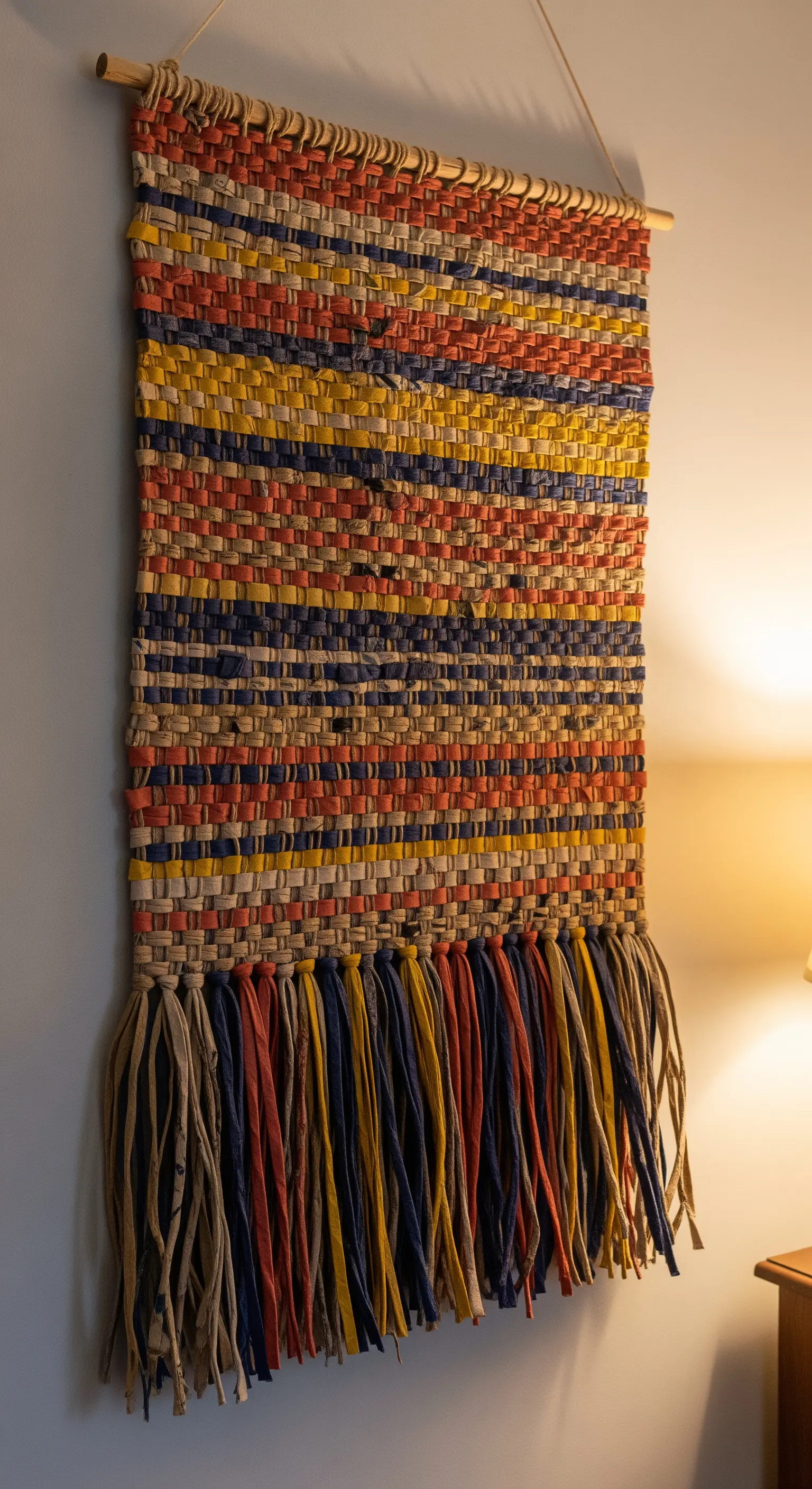 Arazzo da parete multicolore realizzato intrecciando strisce di carta di recupero su un bastone.