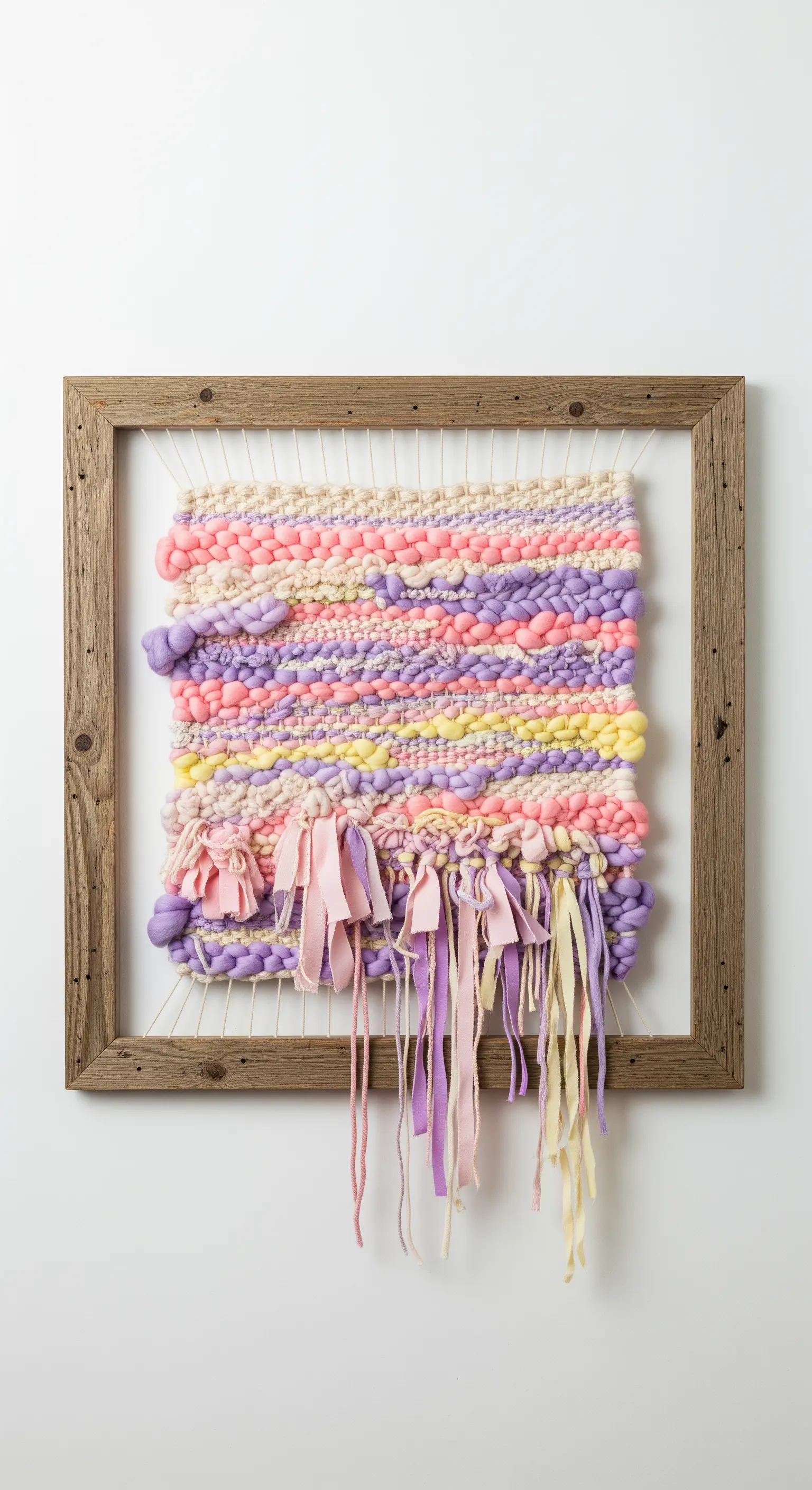 Telaio di legno rustico usato come cornice per un arazzo intrecciato a mano con lane colorate.