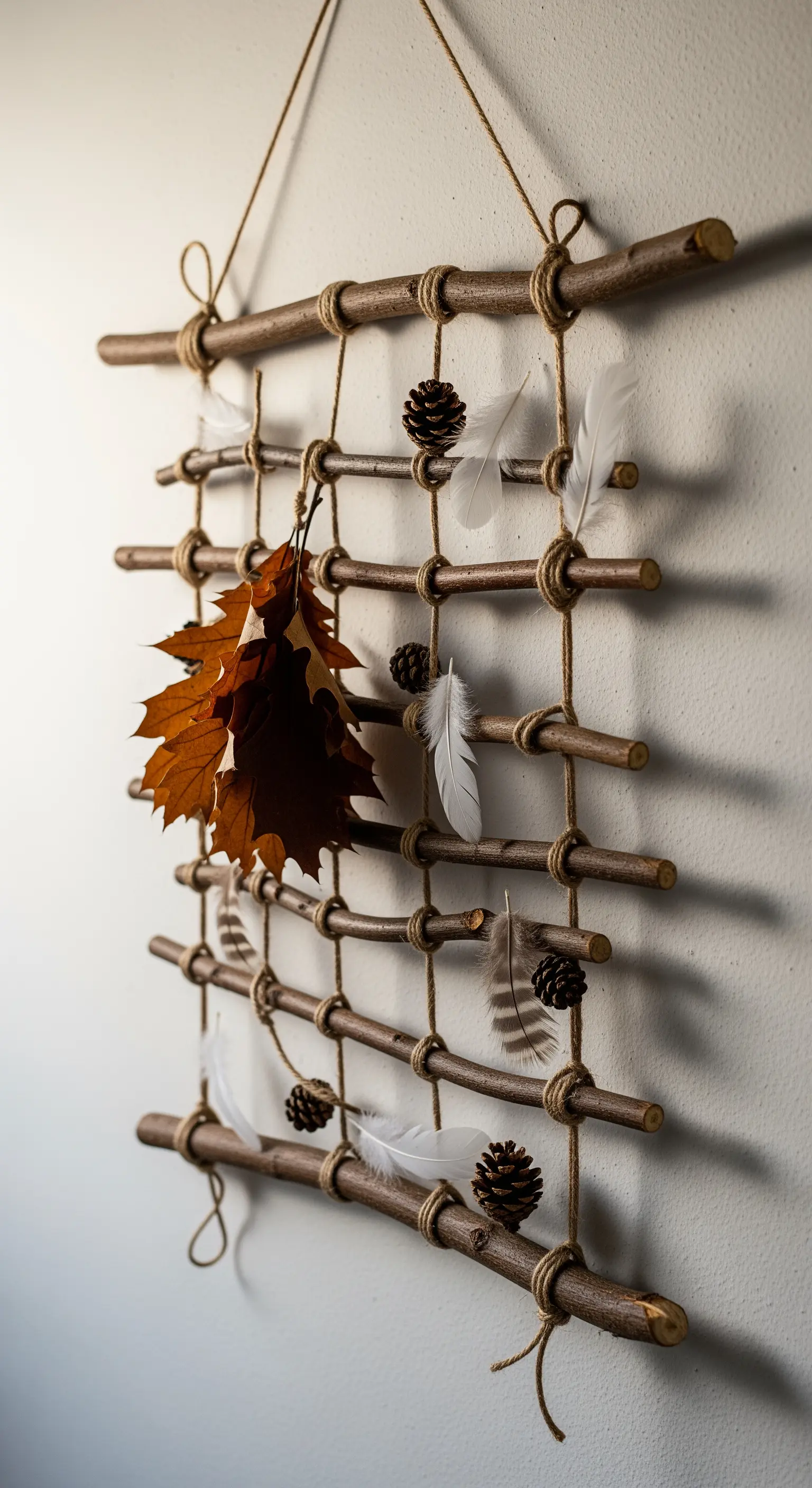 Decorazione da parete fatta a mano con una griglia di rametti, foglie secche, pigne e piume.
