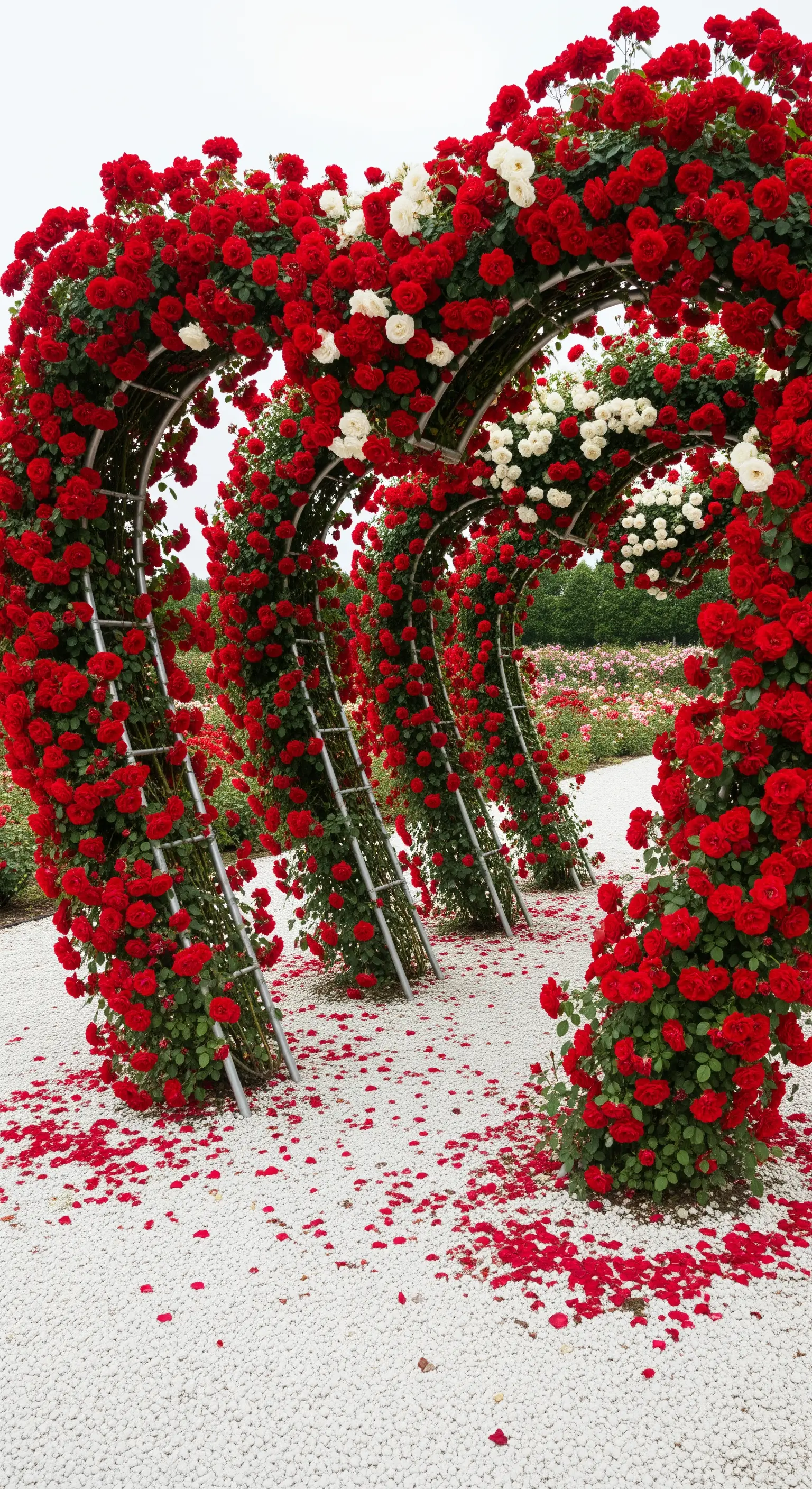 Serie di archi a forma di cuore ricoperti di rose rosse e bianche su un sentiero di ghiaia.