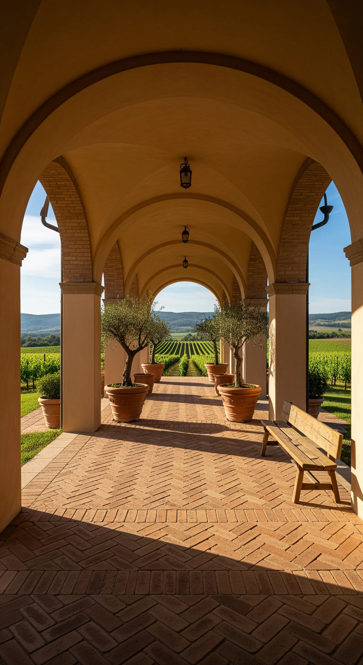 Lungo portico a volta con pavimento in cotto a spina di pesce e vista sui vigneti.