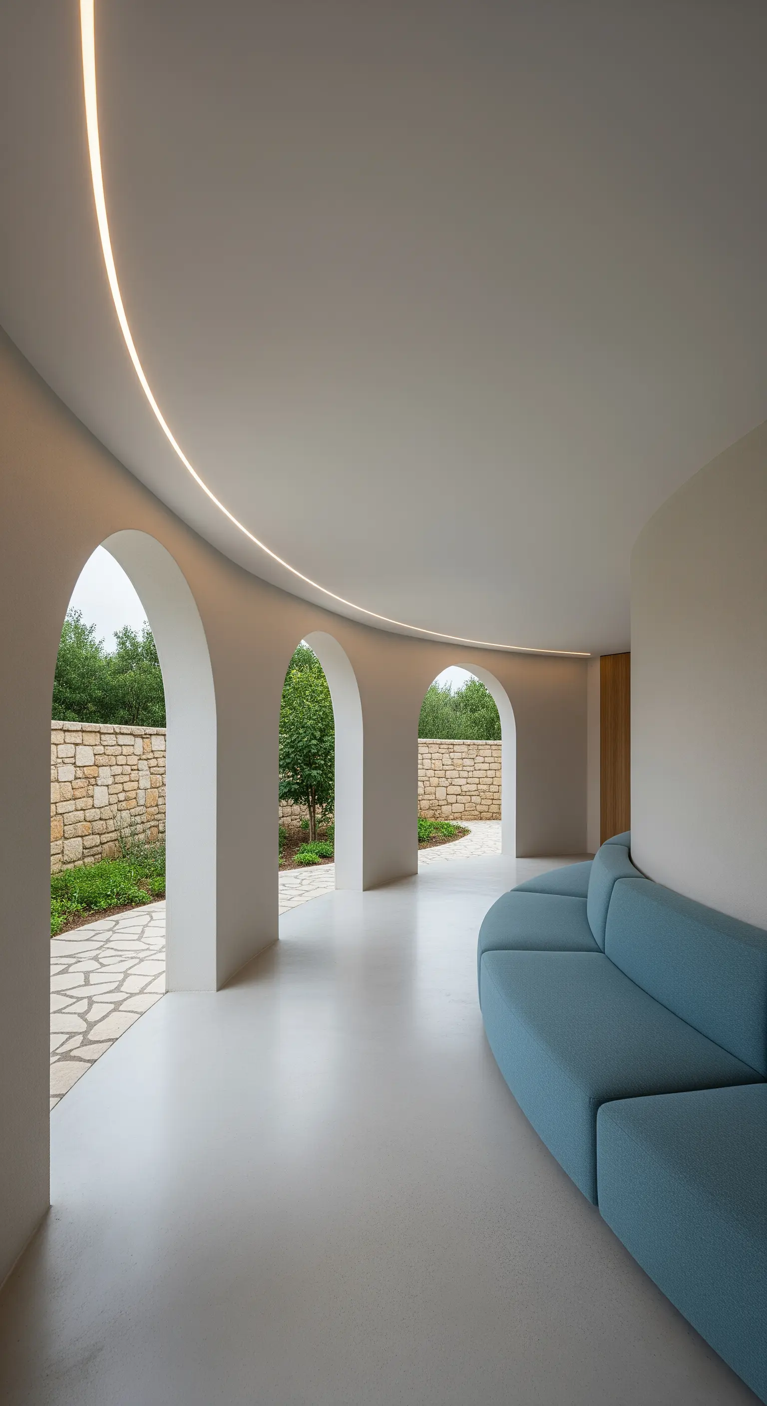 Portico curvo con pavimento in cemento, aperture ad arco e un divano azzurro su misura