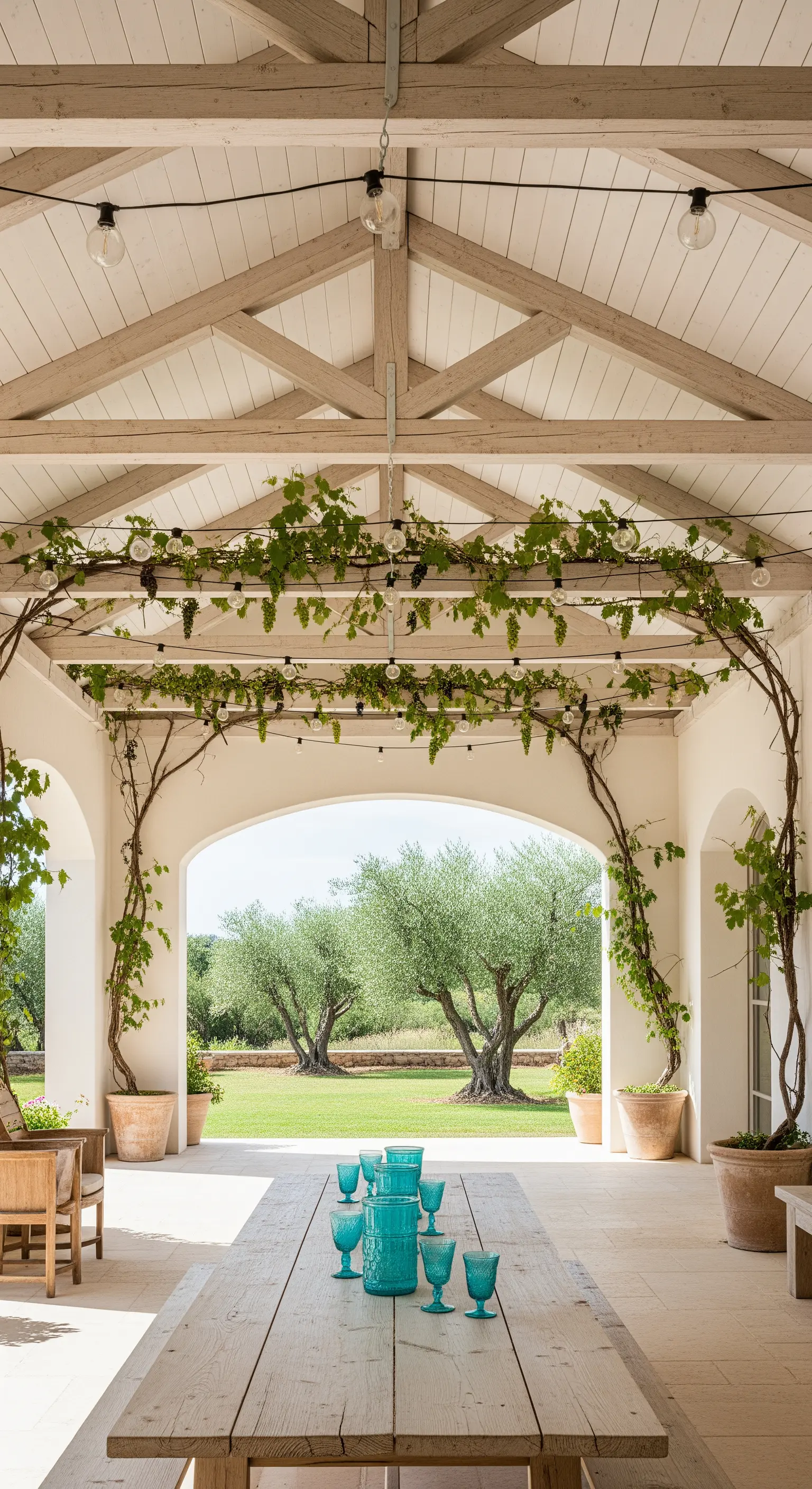 Veranda bianca con archi che incorniciano un giardino di ulivi e tavolo in legno