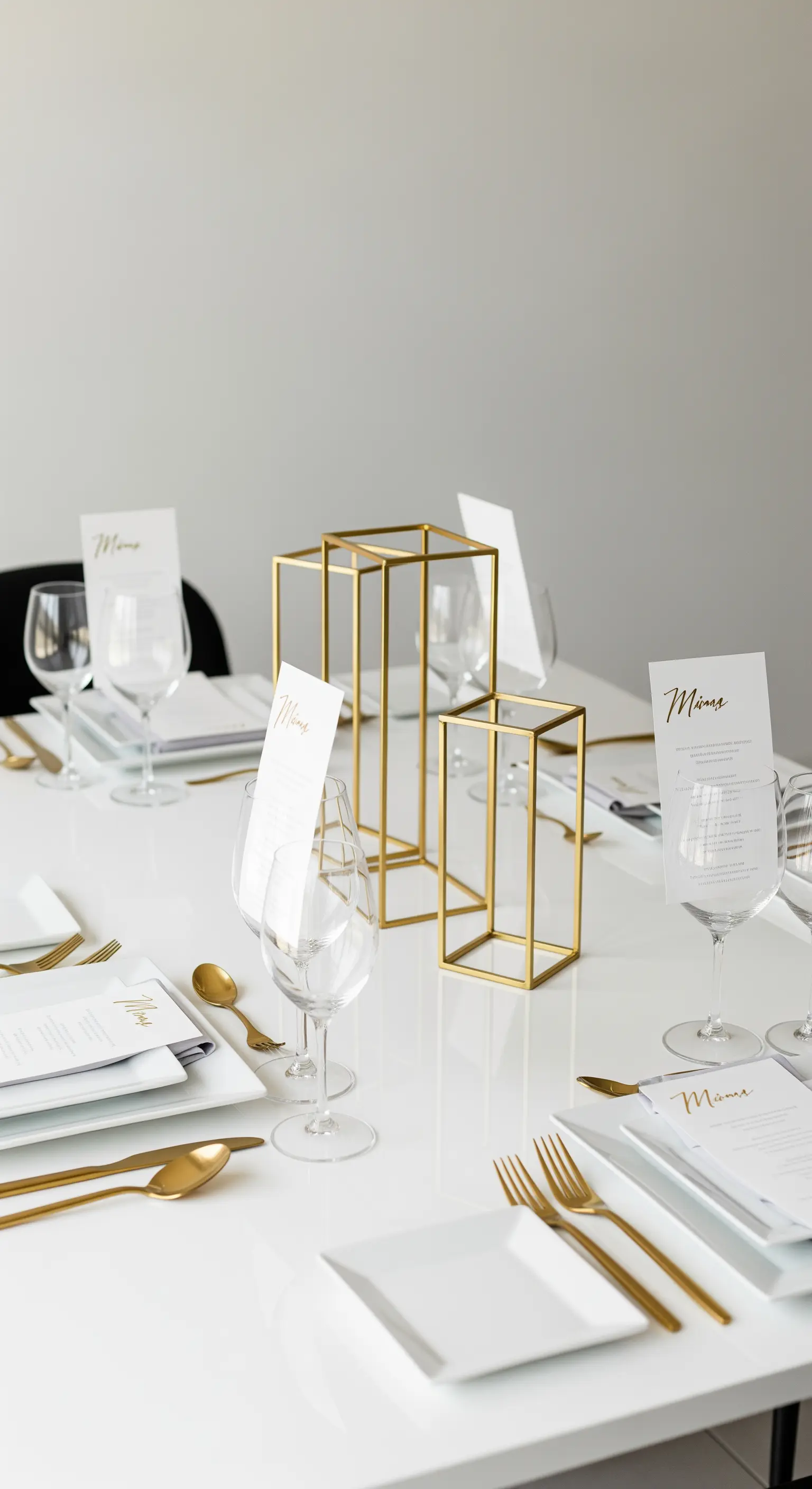 Tavola minimalista bianca con posate dorate e centrotavola geometrici in metallo.
