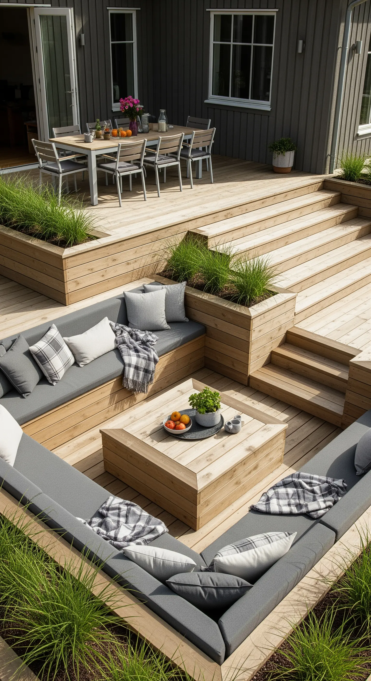 Patio a più livelli in legno con sedute integrate, fioriere e zona pranzo.