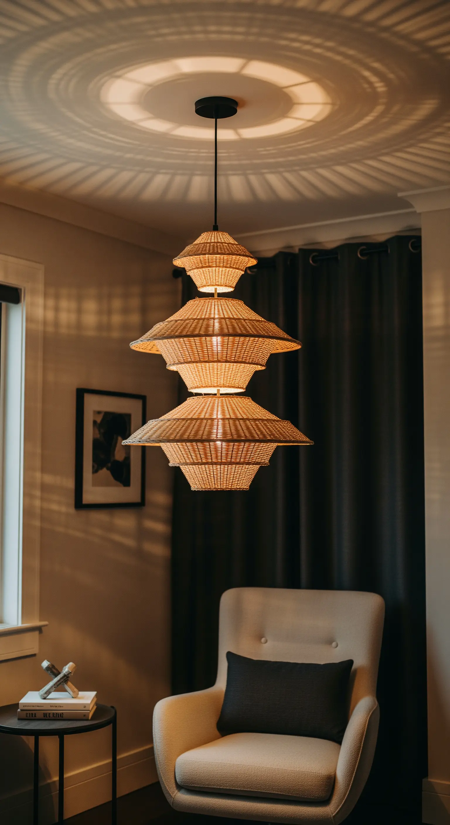 Lampadario a tre livelli in vimini che proietta ombre circolari sul soffitto.