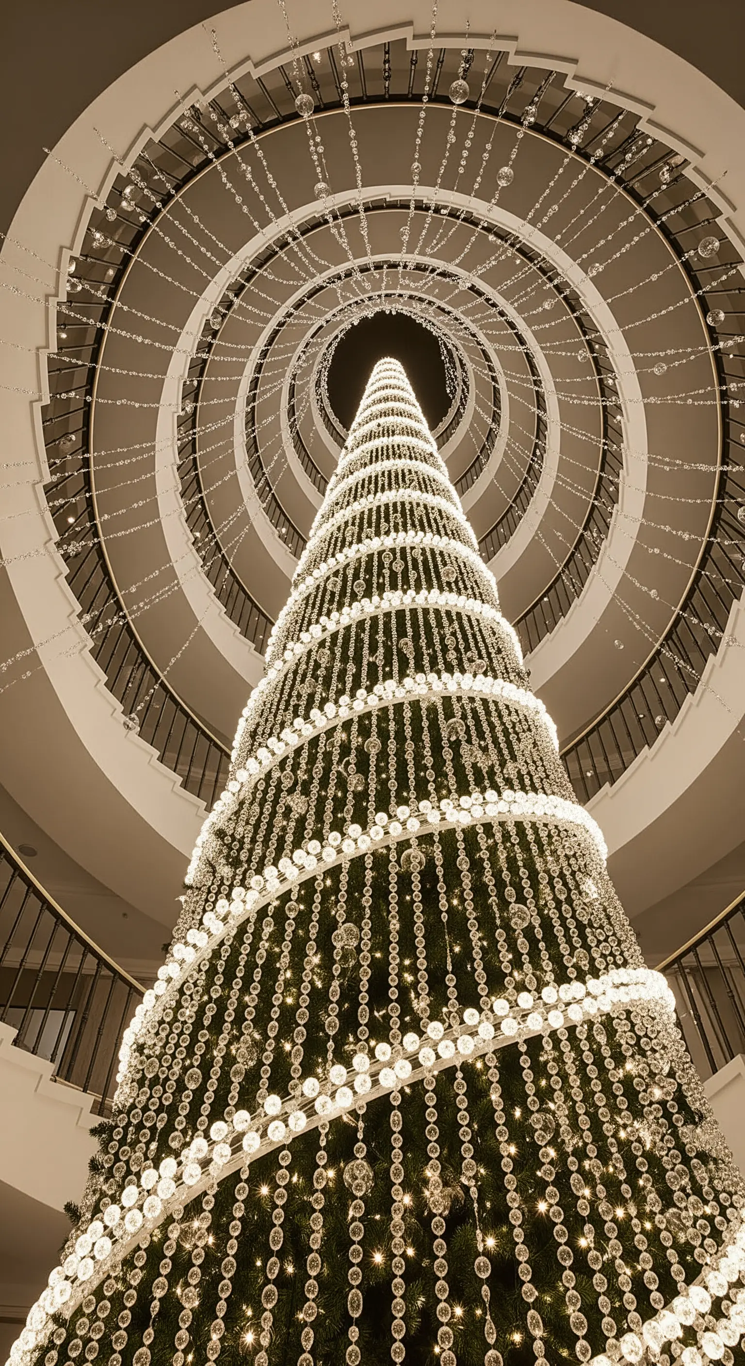 Vista dal basso di un albero di Natale altissimo, decorato con ghirlande di cristalli a spirale