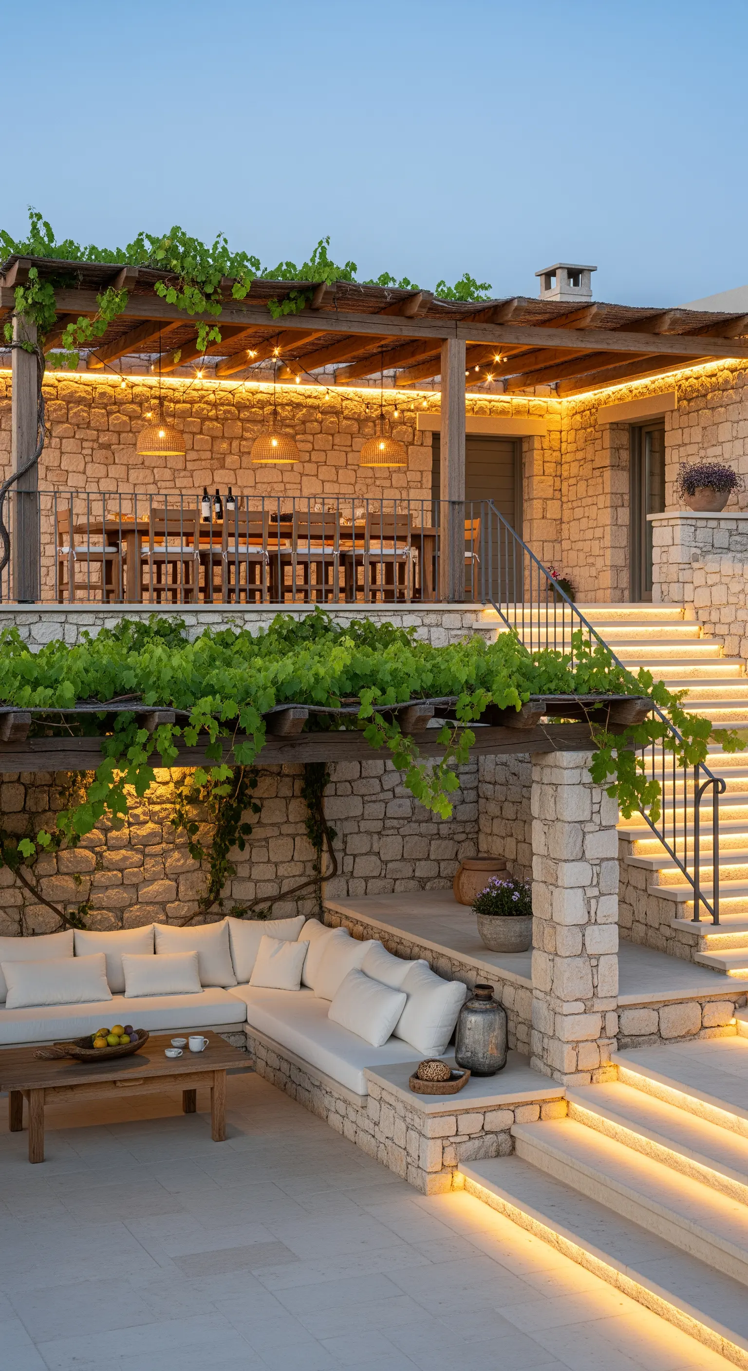 Patio in pietra su più livelli con divani bianchi, pergolati e luci LED integrate nelle scale