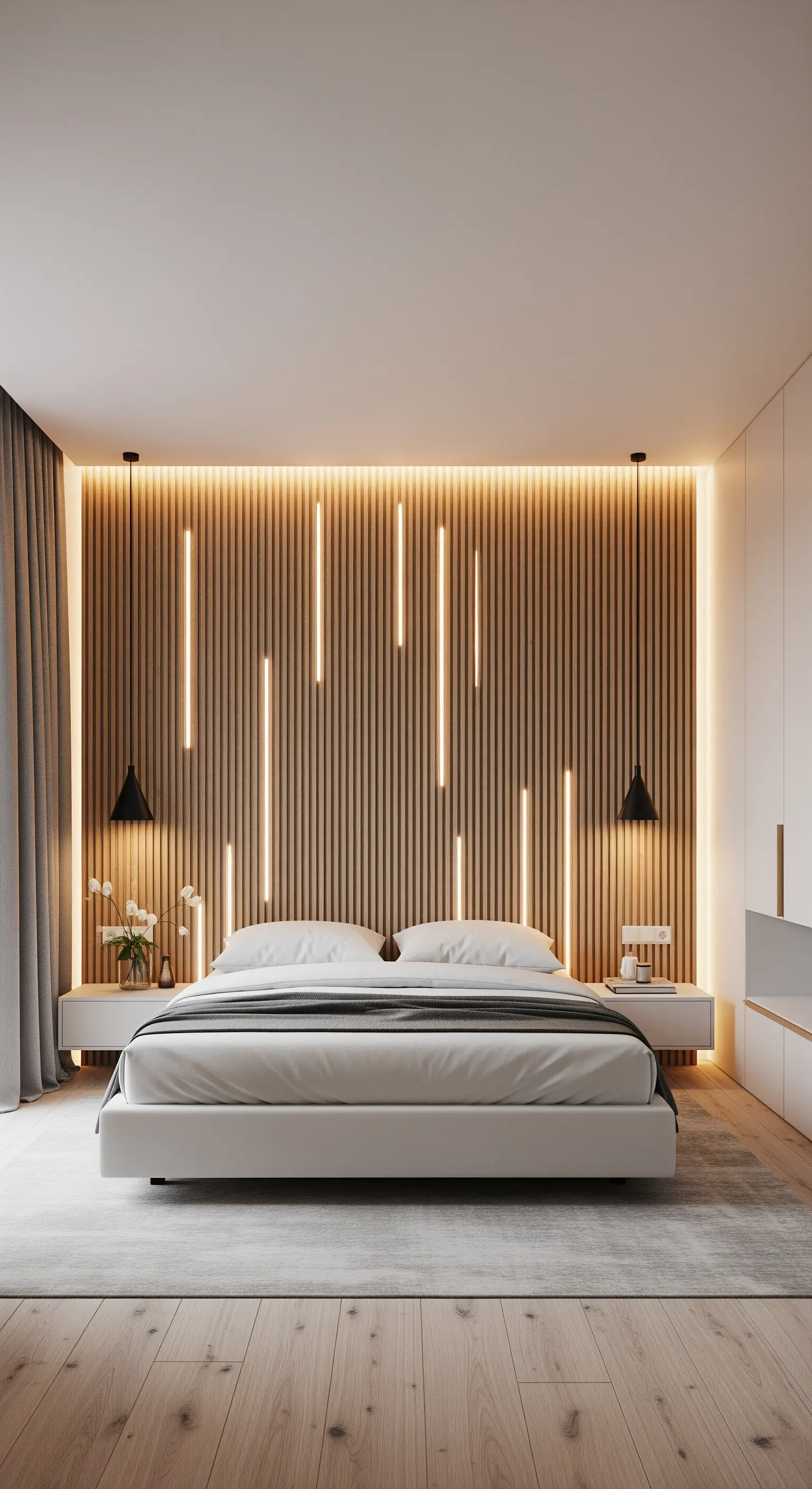 Parete di listelli in legno retroilluminata con strisce LED verticali dietro al letto.