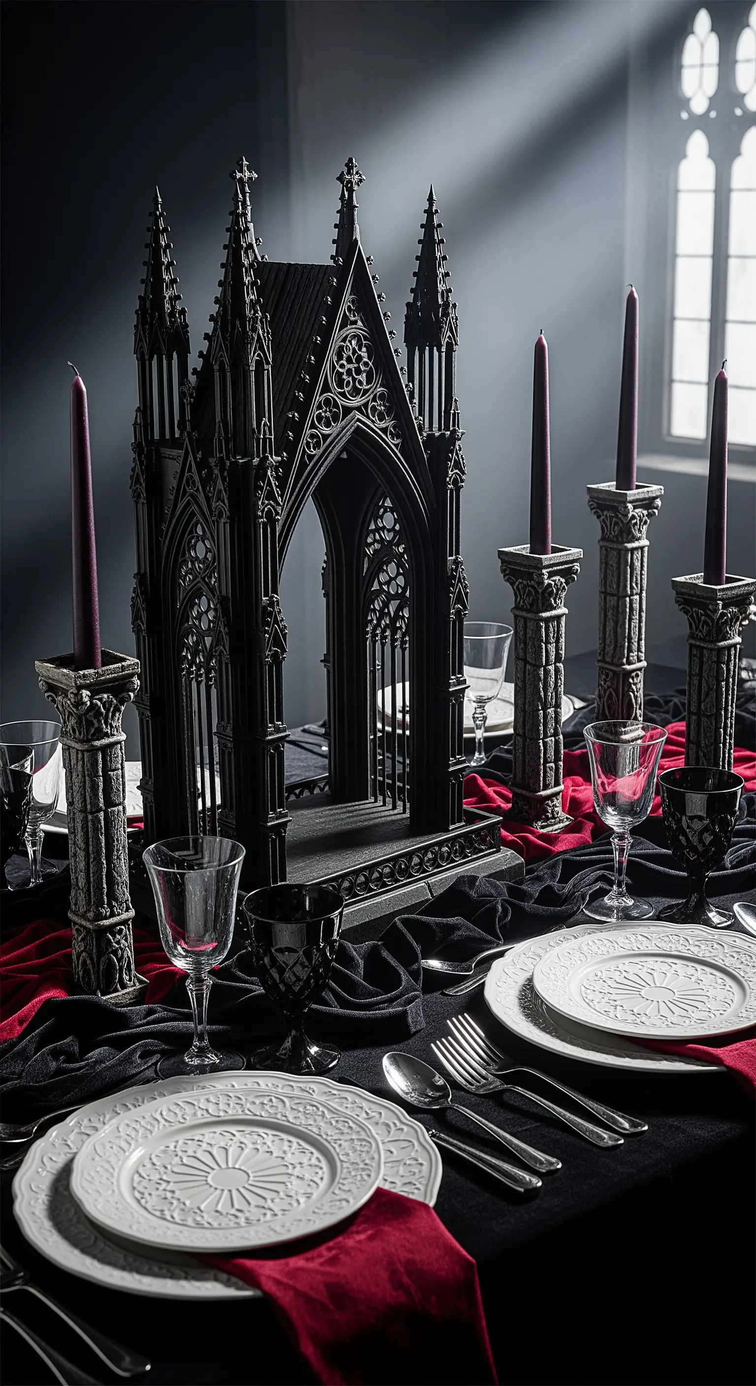 Centrotavola a forma di cattedrale gotica nera, con candele e tovaglioli rossi.