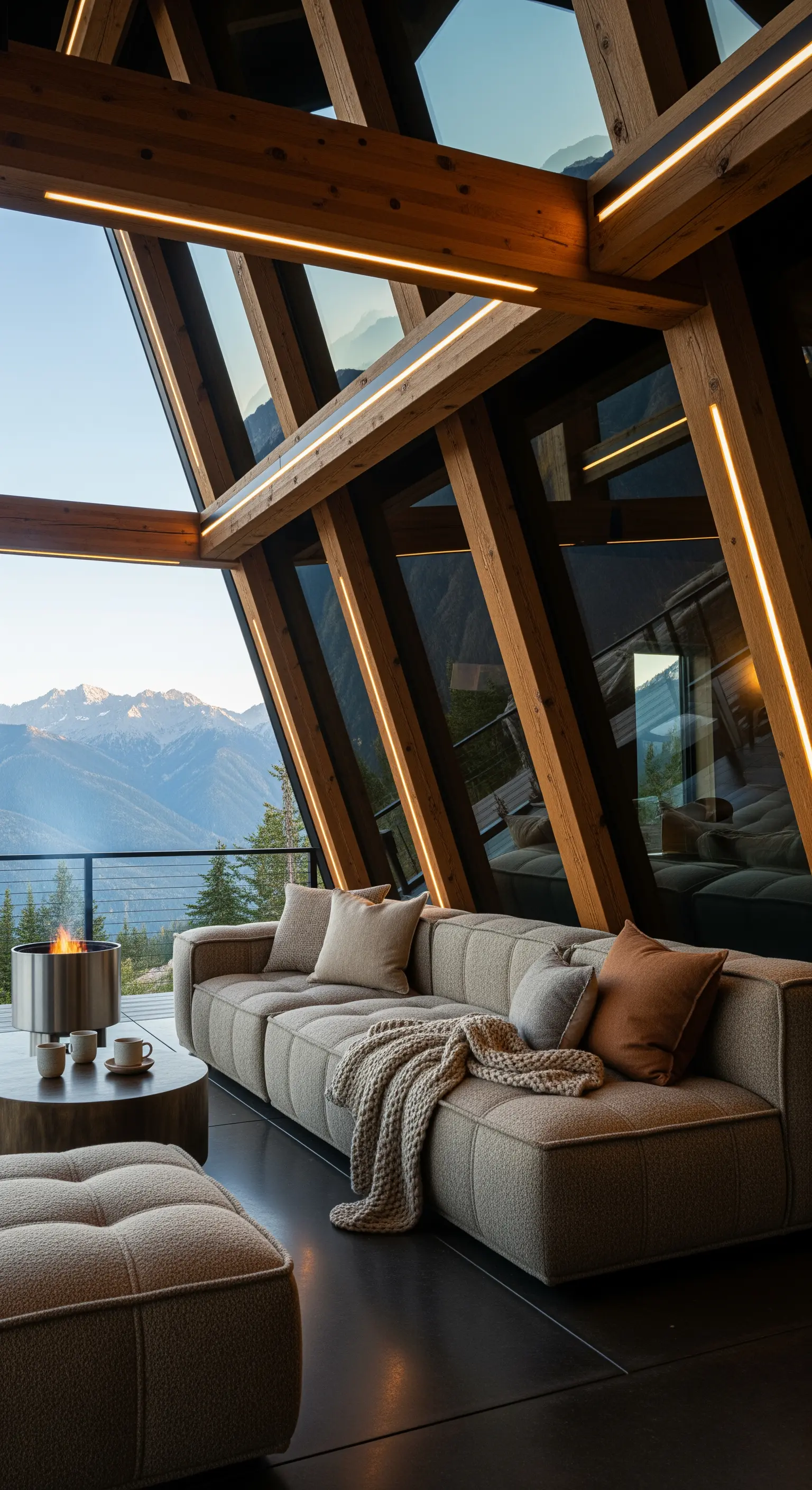 Interno di una baita moderna con travi in legno a vista illuminate da strisce LED