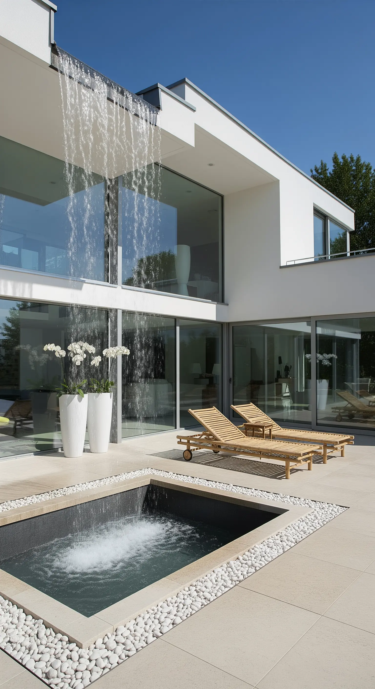 Casa moderna con cascata che scende dal tetto in una piccola piscina con lettini in legno.