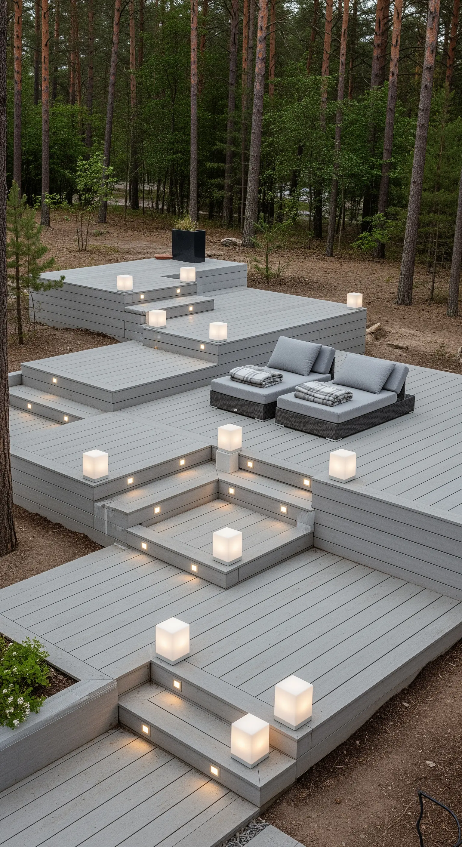 Terrazza multilivello in legno grigio con lettini e cubi luminosi a segnare i gradini.