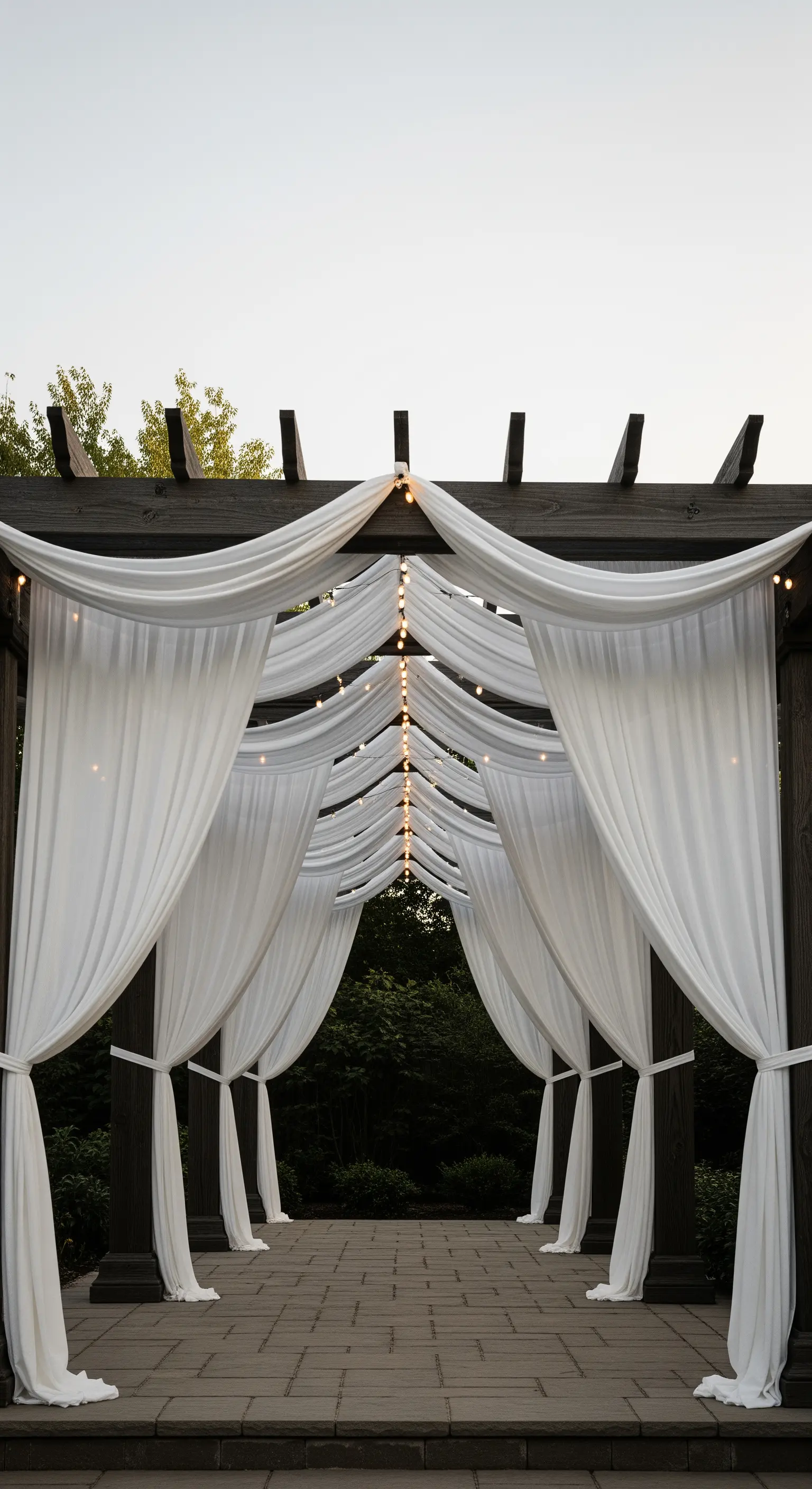 Passaggio sotto un pergolato con teli bianchi drappeggiati a formare archi.