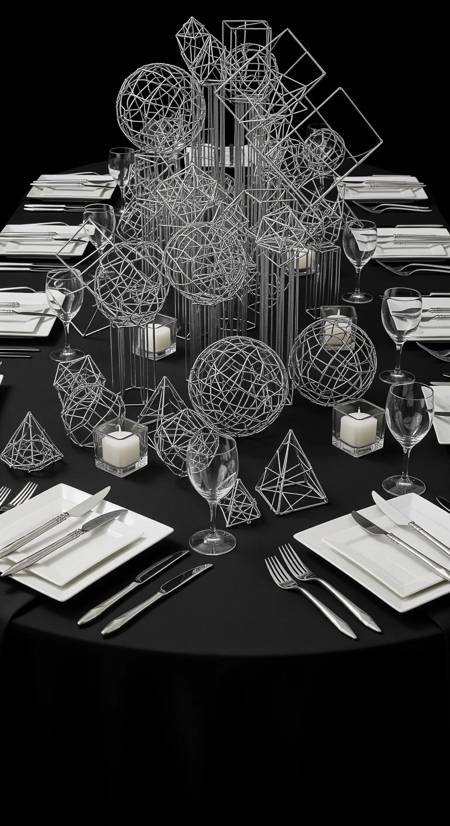 Centrotavola scultoreo composto da forme geometriche in filo metallico argentato.