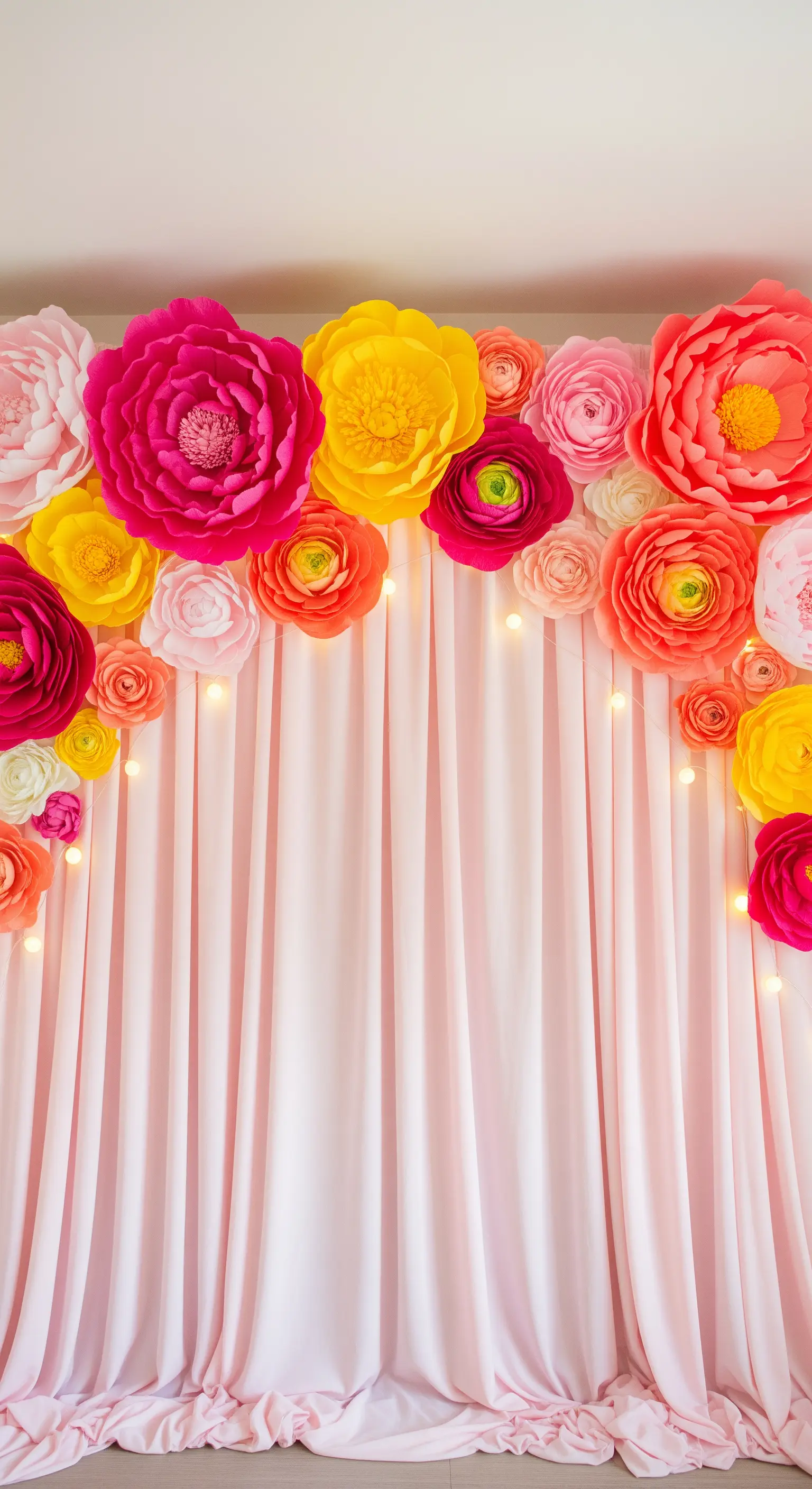 Photo booth con tenda rosa e arco di fiori di carta colorati illuminato da lucine.