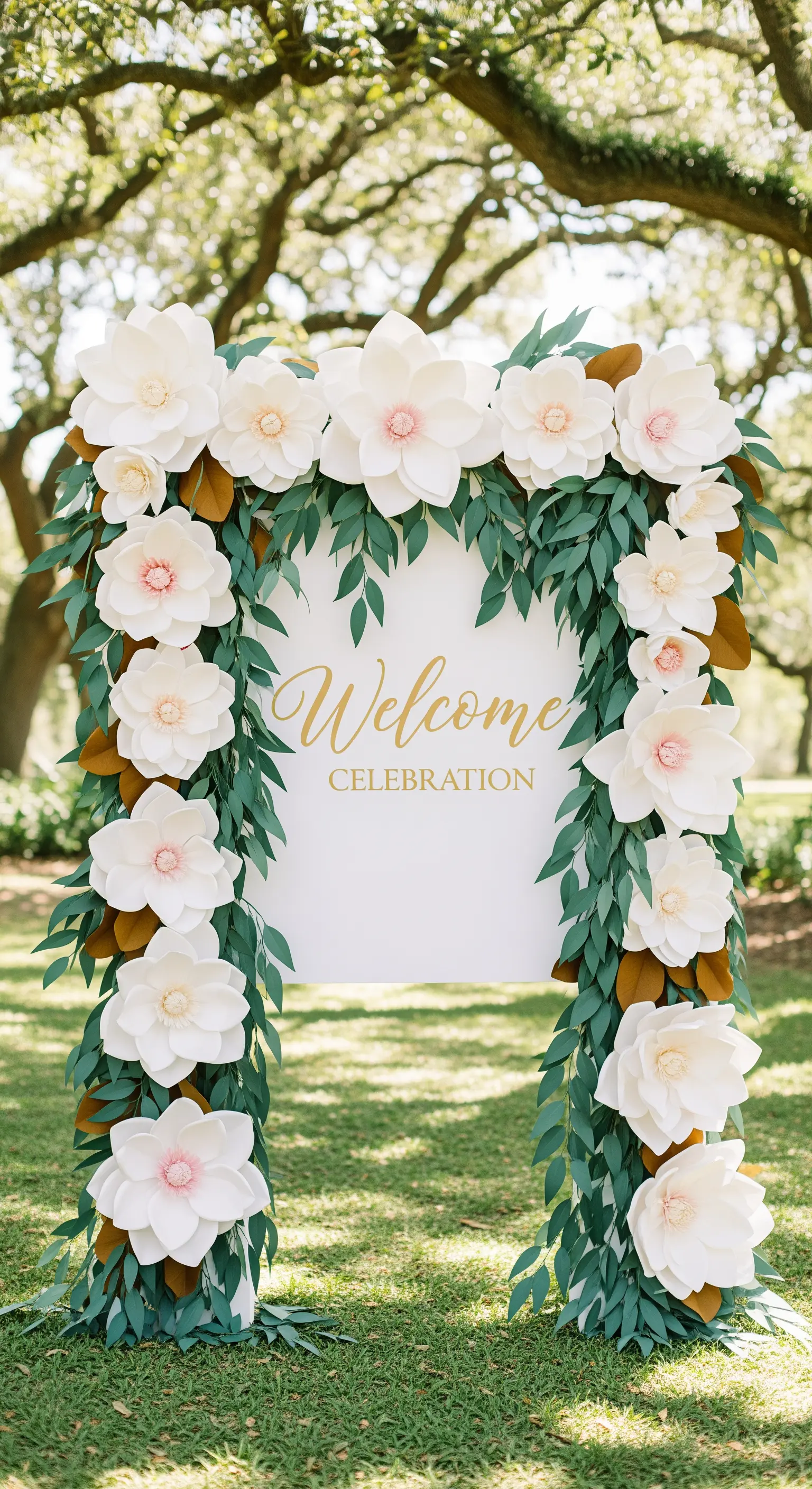 Cartello di benvenuto bianco incorniciato da un arco di magnolie di carta bianca e fogliame verde.