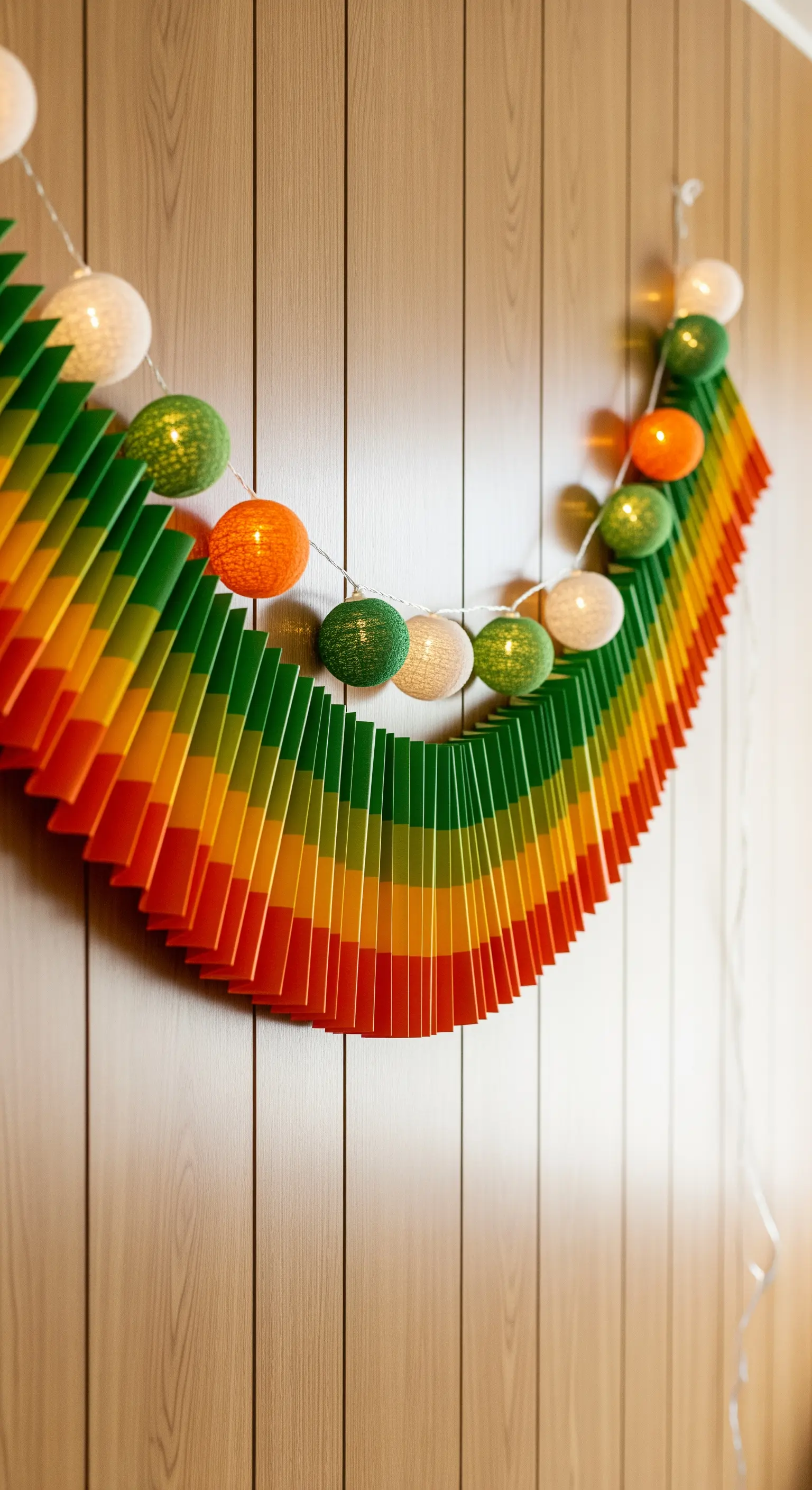 Festone di carta pieghettata a forma di arco arcobaleno con un filo di luci a sfera.