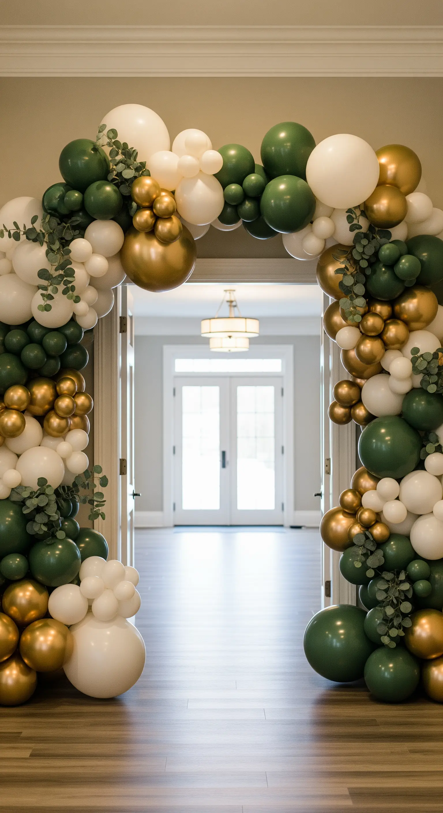 Arco di palloncini verdi, bianchi e oro con inserti di eucalipto che incornicia una porta d'ingresso